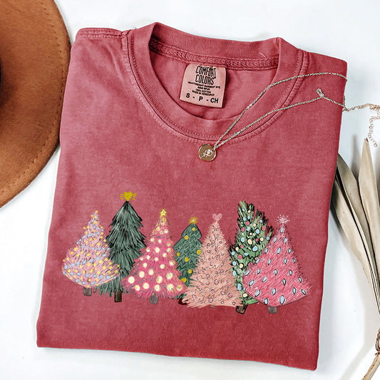 Sketched Christmas Trees, Christmas Heart, Vibrant, Winter, Snow, Xmas Tshirt Comfort Colors T-Shirt