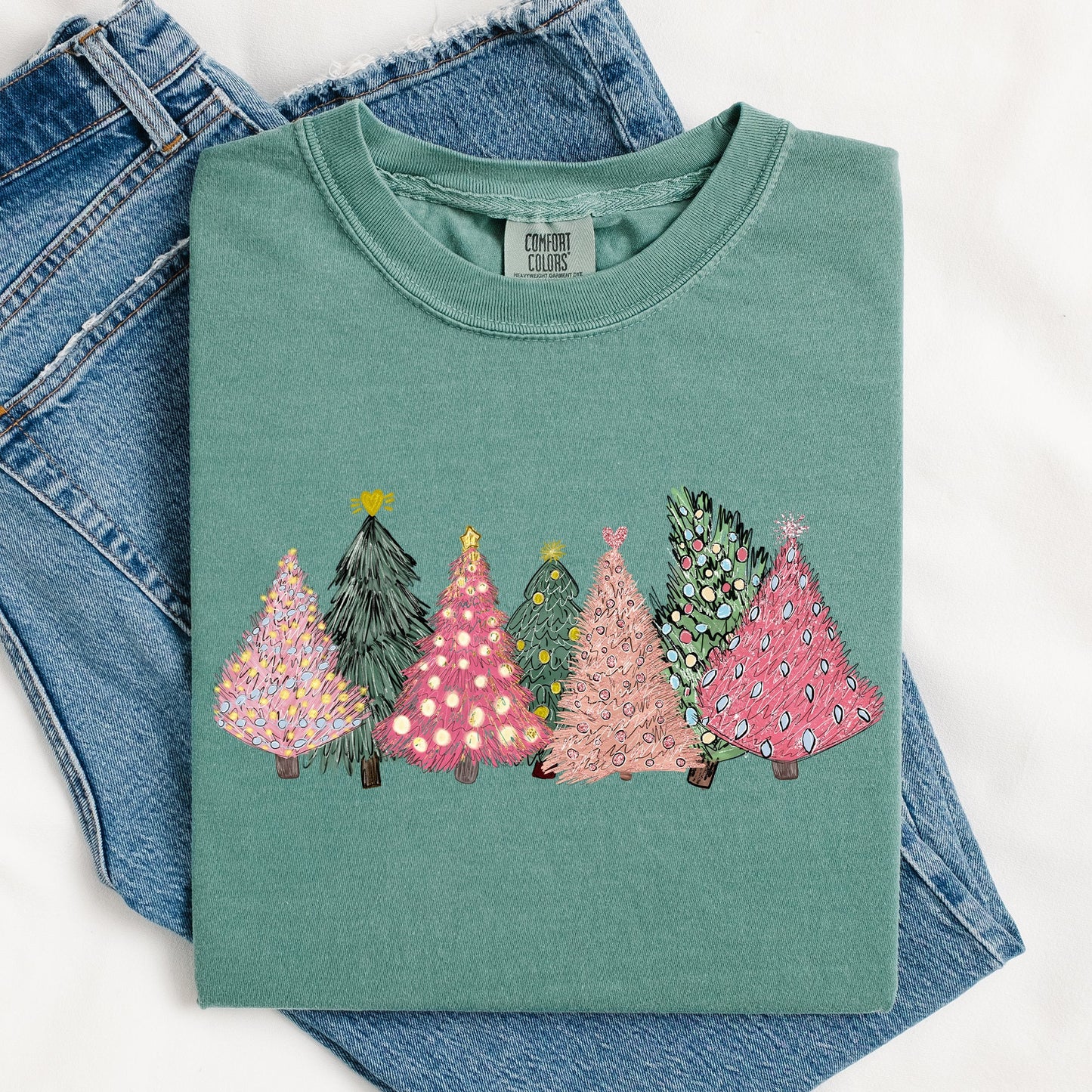 Sketched Christmas Trees, Christmas Heart, Vibrant, Winter, Snow, Xmas Tshirt Comfort Colors T-Shirt
