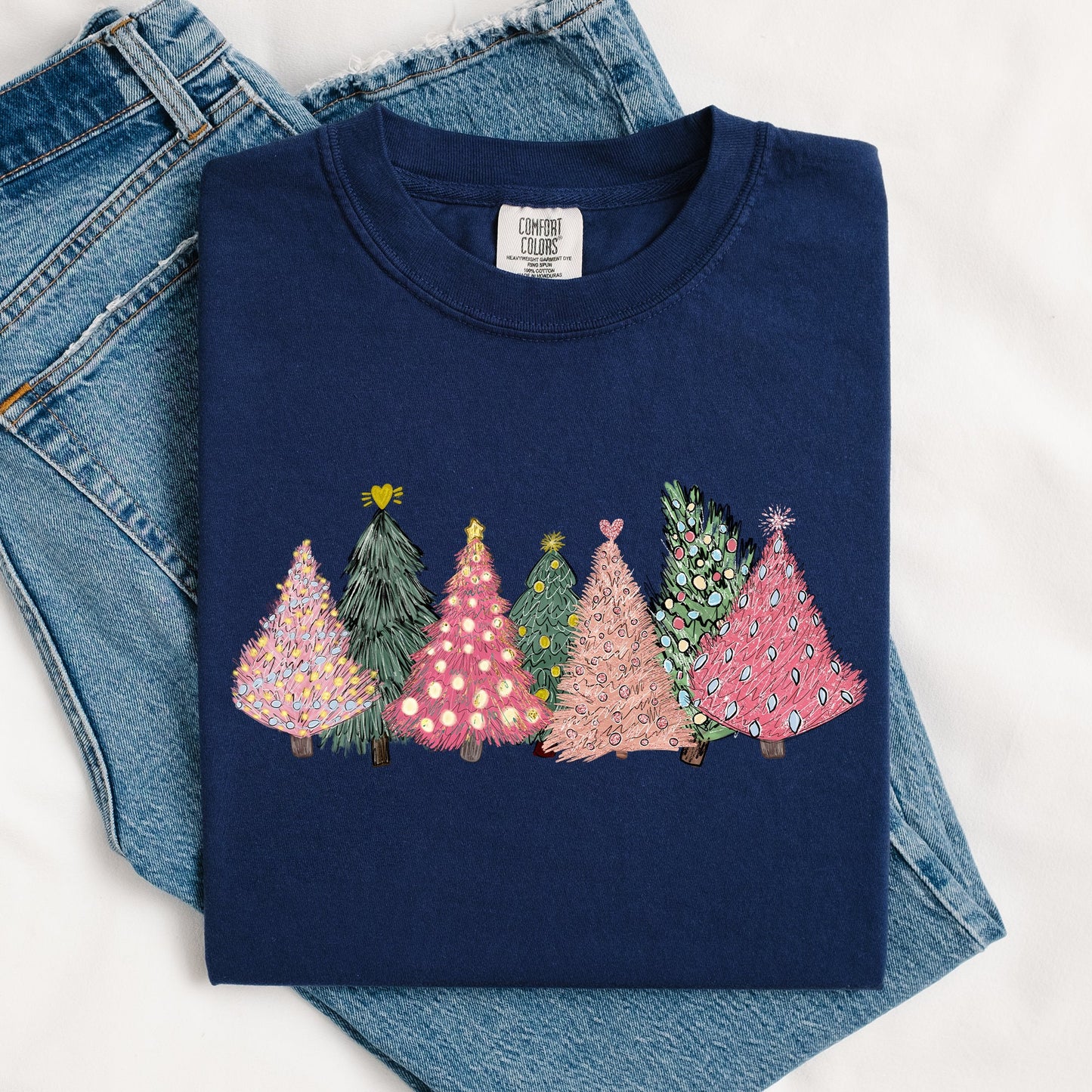 Sketched Christmas Trees, Christmas Heart, Vibrant, Winter, Snow, Xmas Tshirt Comfort Colors T-Shirt