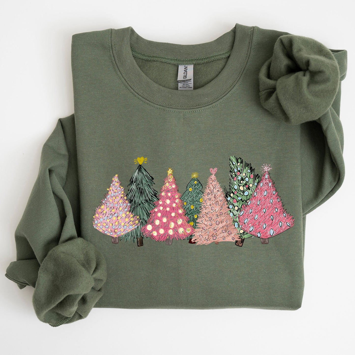 Sketched Christmas Trees, Christmas Heart, Vibrant, Winter, Snow, Xmas Sweatshirt