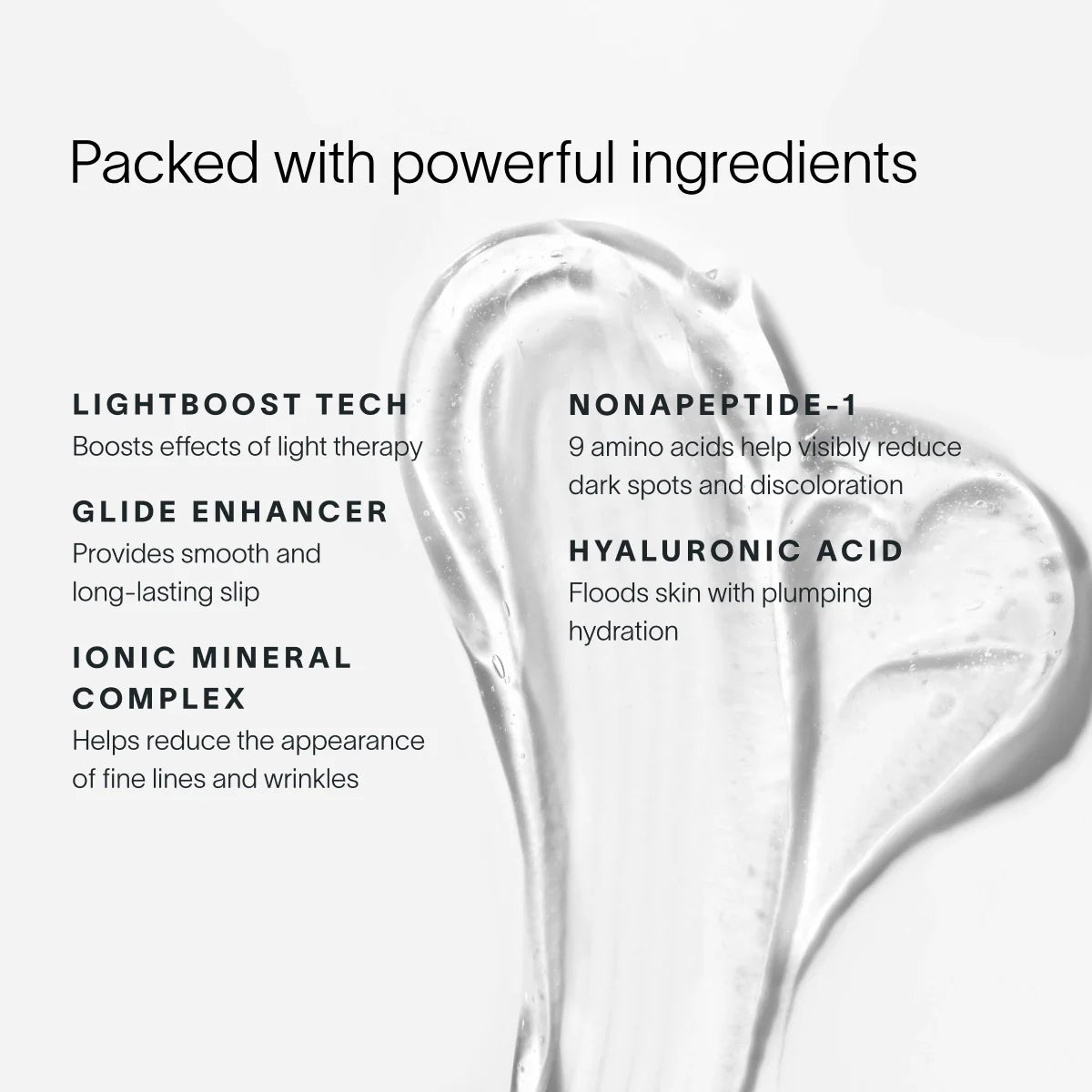 Product description with text and a close-up of a skincare product application.