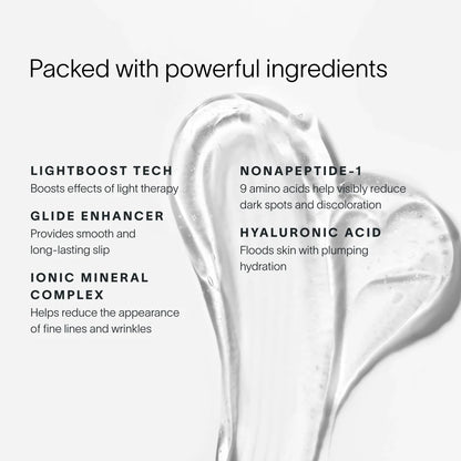 Product description with text and a close-up of a skincare product application.