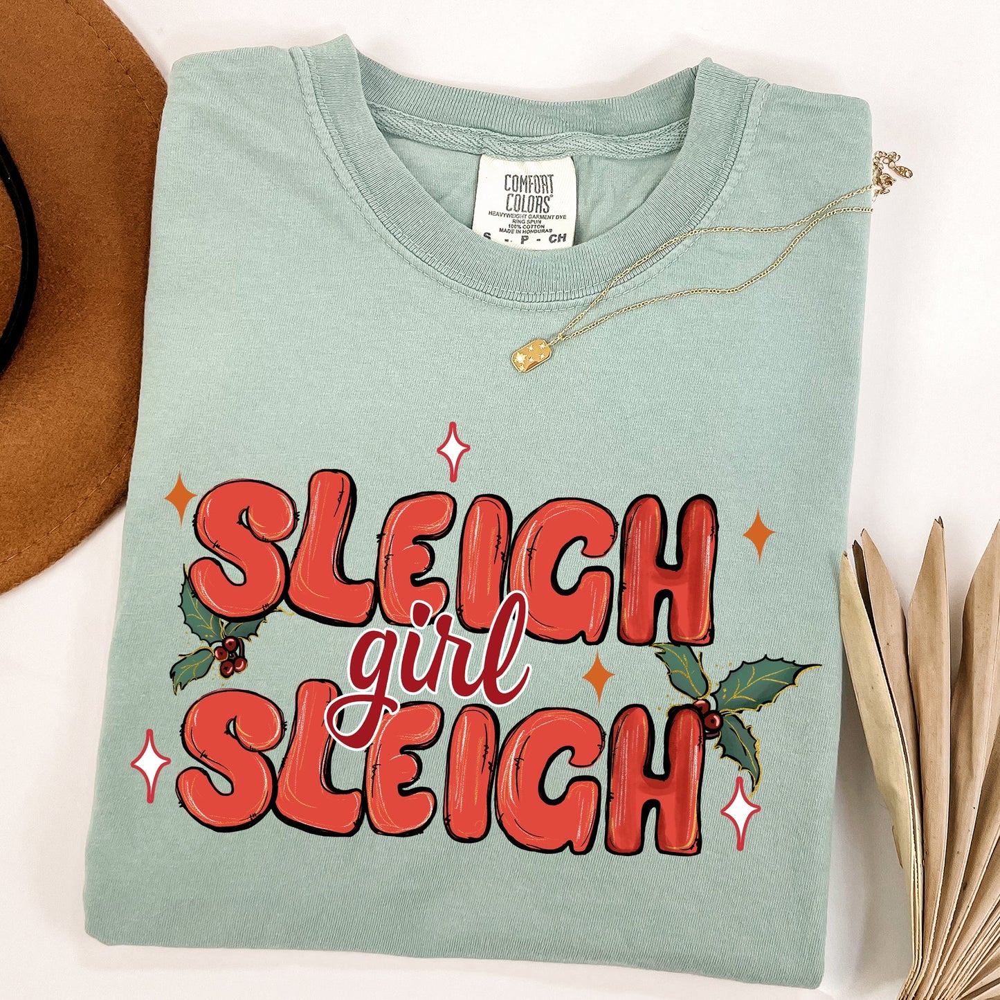 Sleigh Girl Sleigh, Christmas, Holly, Retro, Santa, Xmas Tshirt Comfort Colors T-Shirt