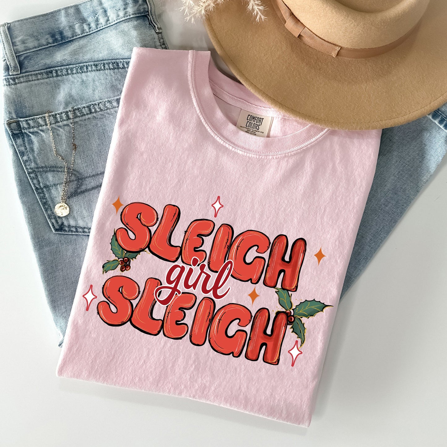 Sleigh Girl Sleigh, Christmas, Holly, Retro, Santa, Xmas Tshirt Comfort Colors T-Shirt