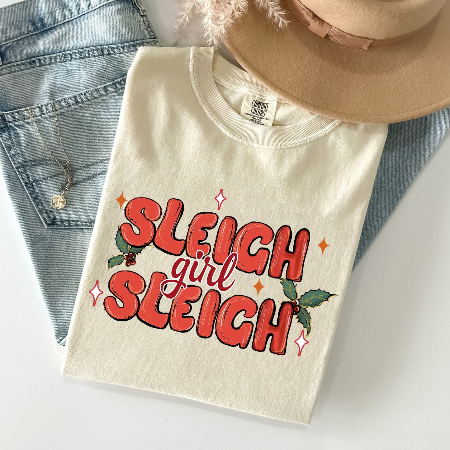 Sleigh Girl Sleigh, Christmas, Holly, Retro, Santa, Xmas Tshirt Comfort Colors T-Shirt