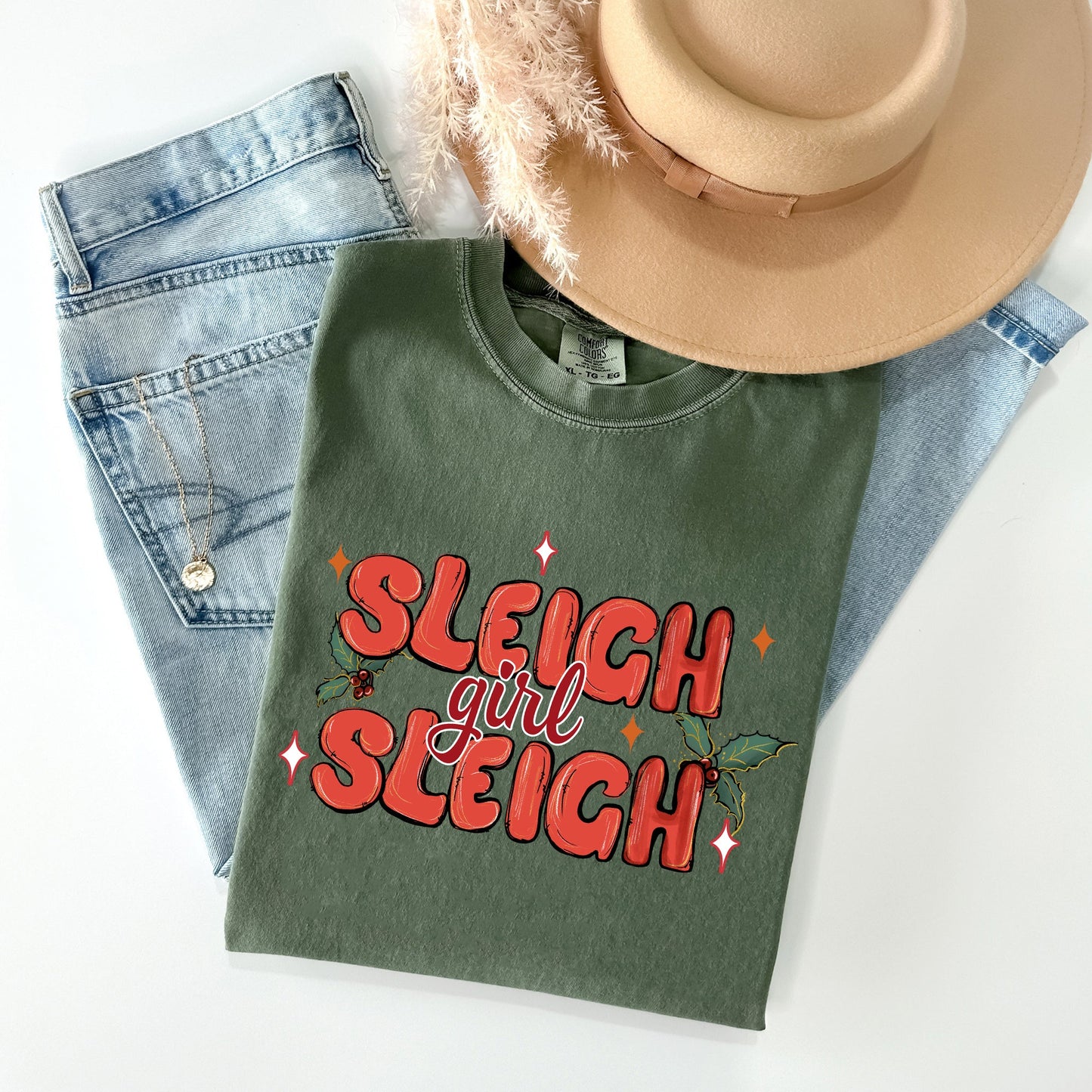 Sleigh Girl Sleigh, Christmas, Holly, Retro, Santa, Xmas Tshirt Comfort Colors T-Shirt