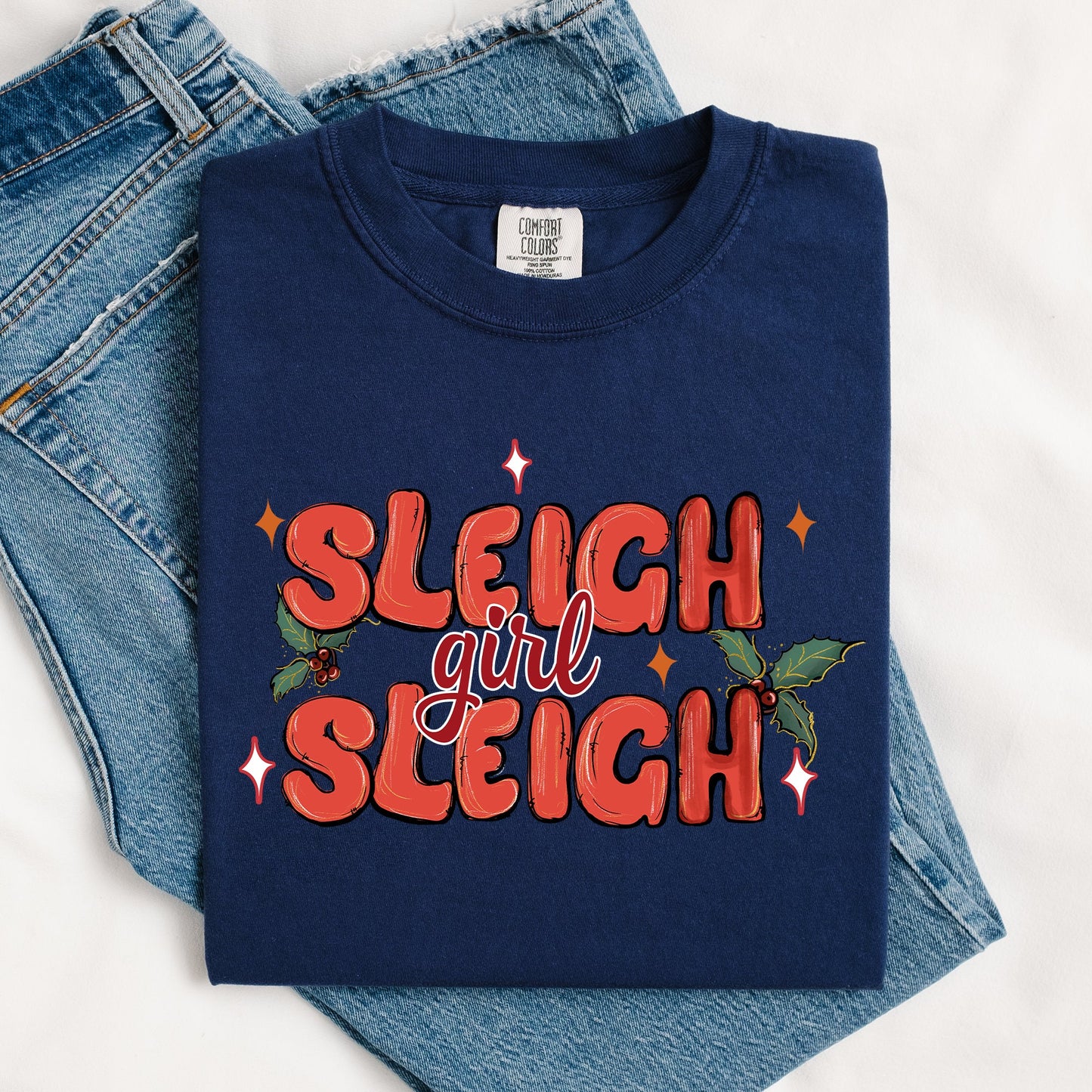 Sleigh Girl Sleigh, Christmas, Holly, Retro, Santa, Xmas Tshirt Comfort Colors T-Shirt