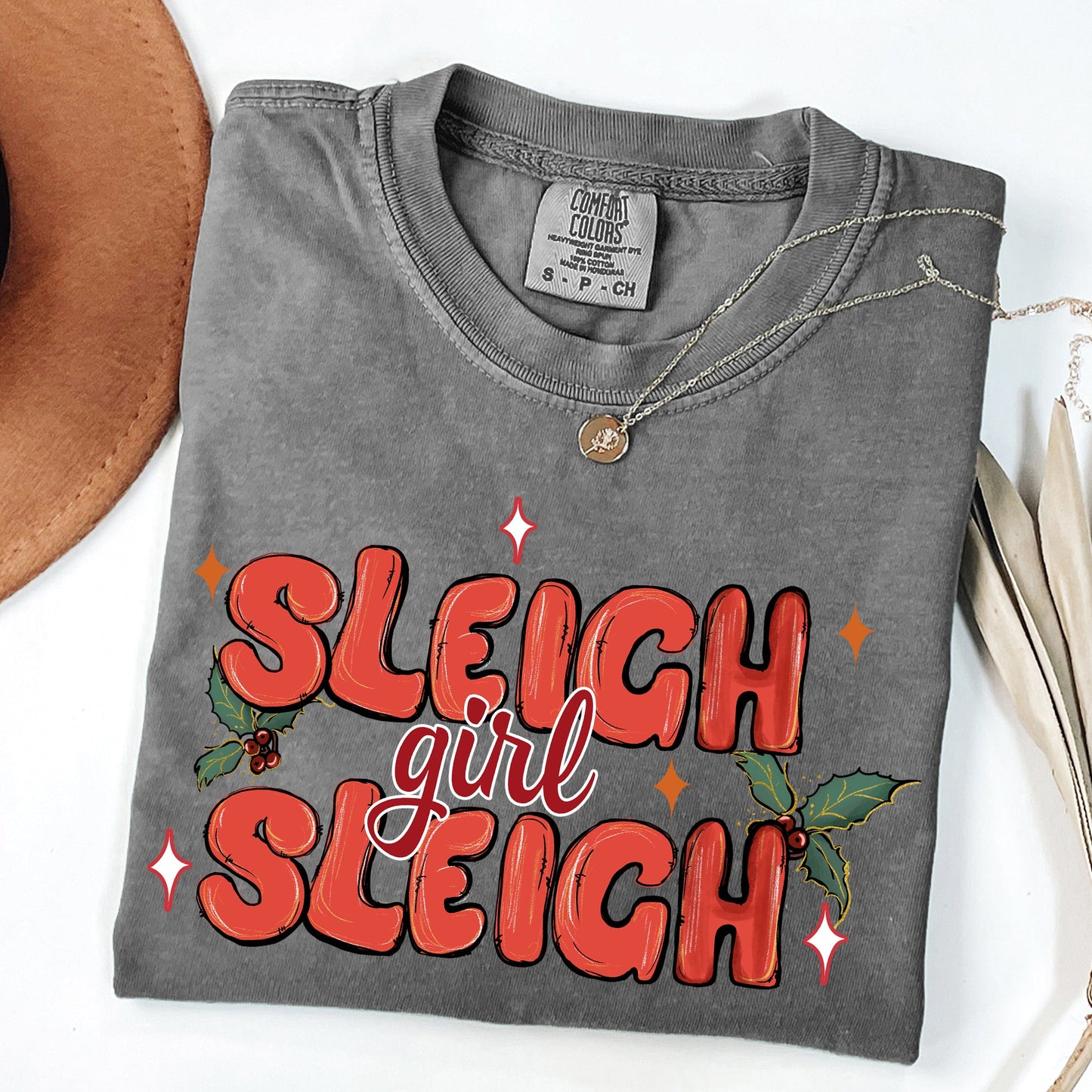 Sleigh Girl Sleigh, Christmas, Holly, Retro, Santa, Xmas Tshirt Comfort Colors T-Shirt