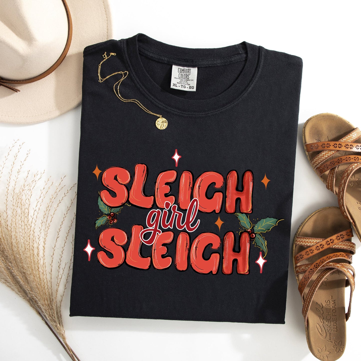 Sleigh Girl Sleigh, Christmas, Holly, Retro, Santa, Xmas Tshirt Comfort Colors T-Shirt