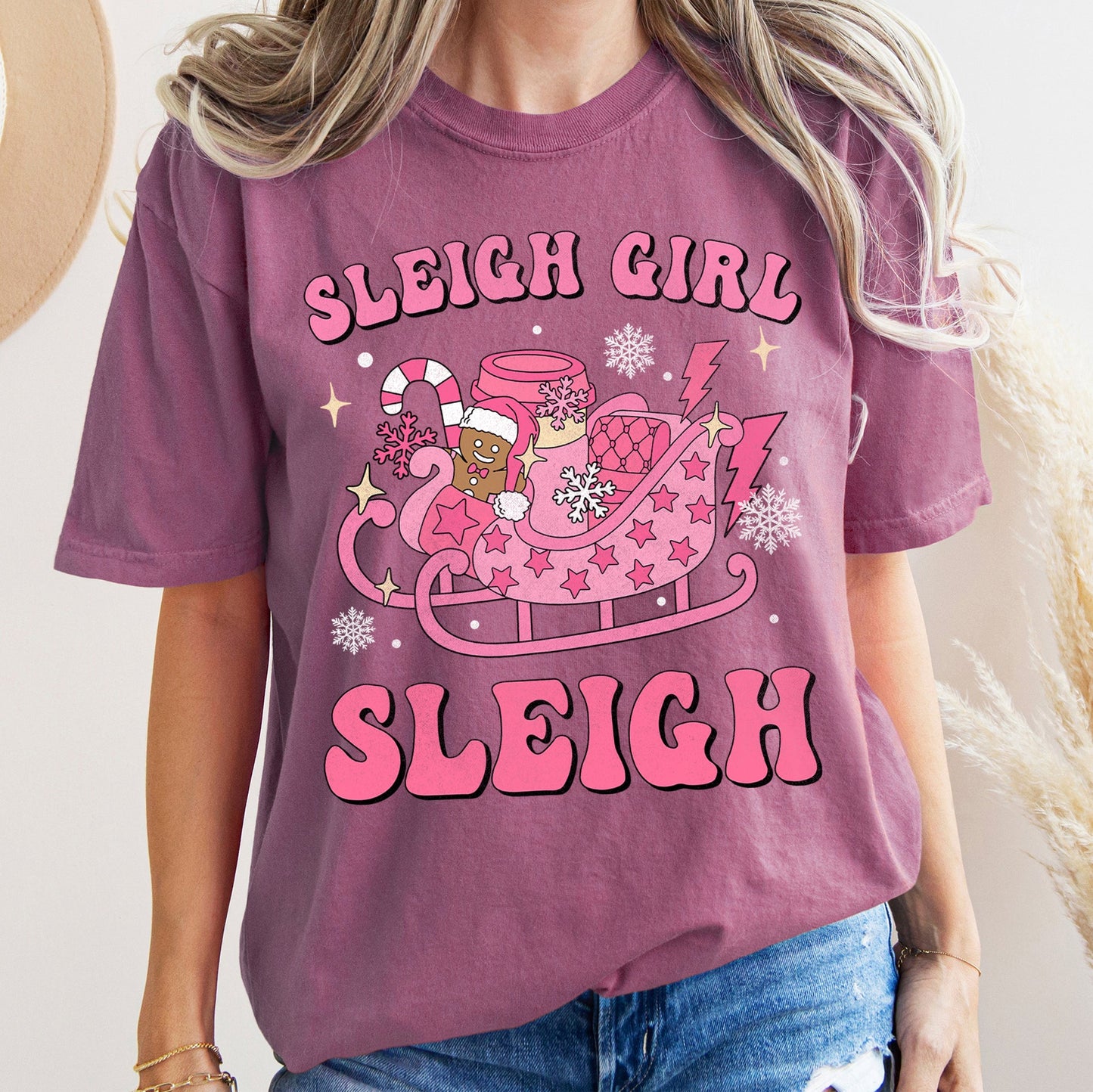 Sleigh Girl Sleigh, Christmas, Retro, Pink, Comfort Colors Tshirt