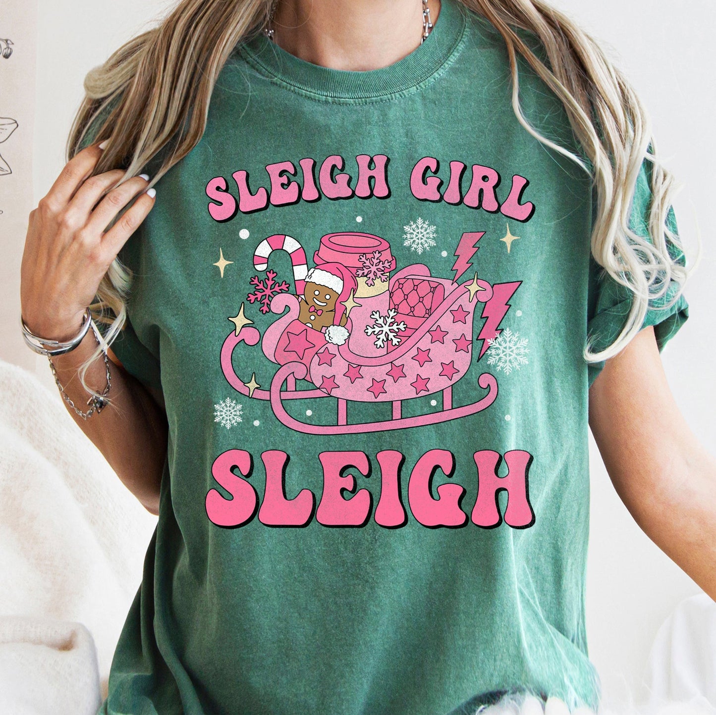 Sleigh Girl Sleigh, Christmas, Retro, Pink, Comfort Colors Tshirt