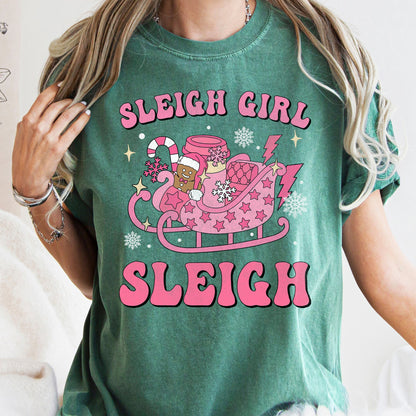 Sleigh Girl Sleigh, Christmas, Retro, Pink, Comfort Colors Tshirt