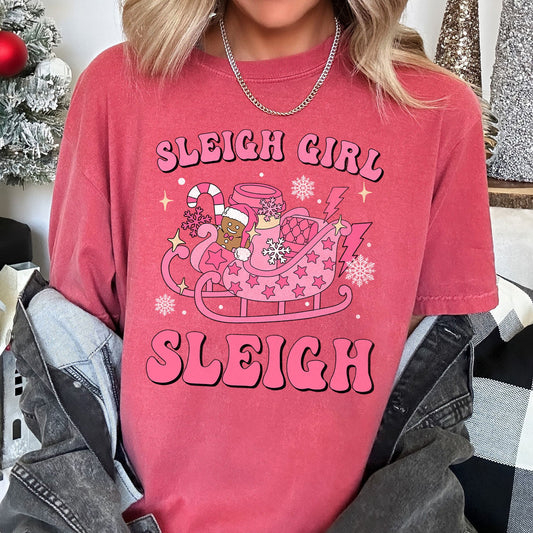 Sleigh Girl Sleigh, Christmas, Retro, Pink, Comfort Colors Tshirt