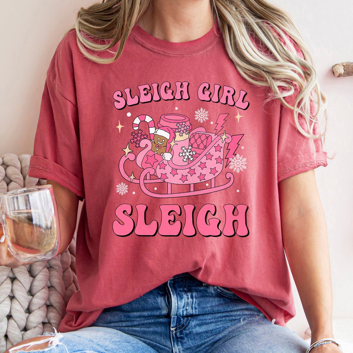 Sleigh Girl Sleigh, Christmas, Retro, Pink, Comfort Colors Tshirt
