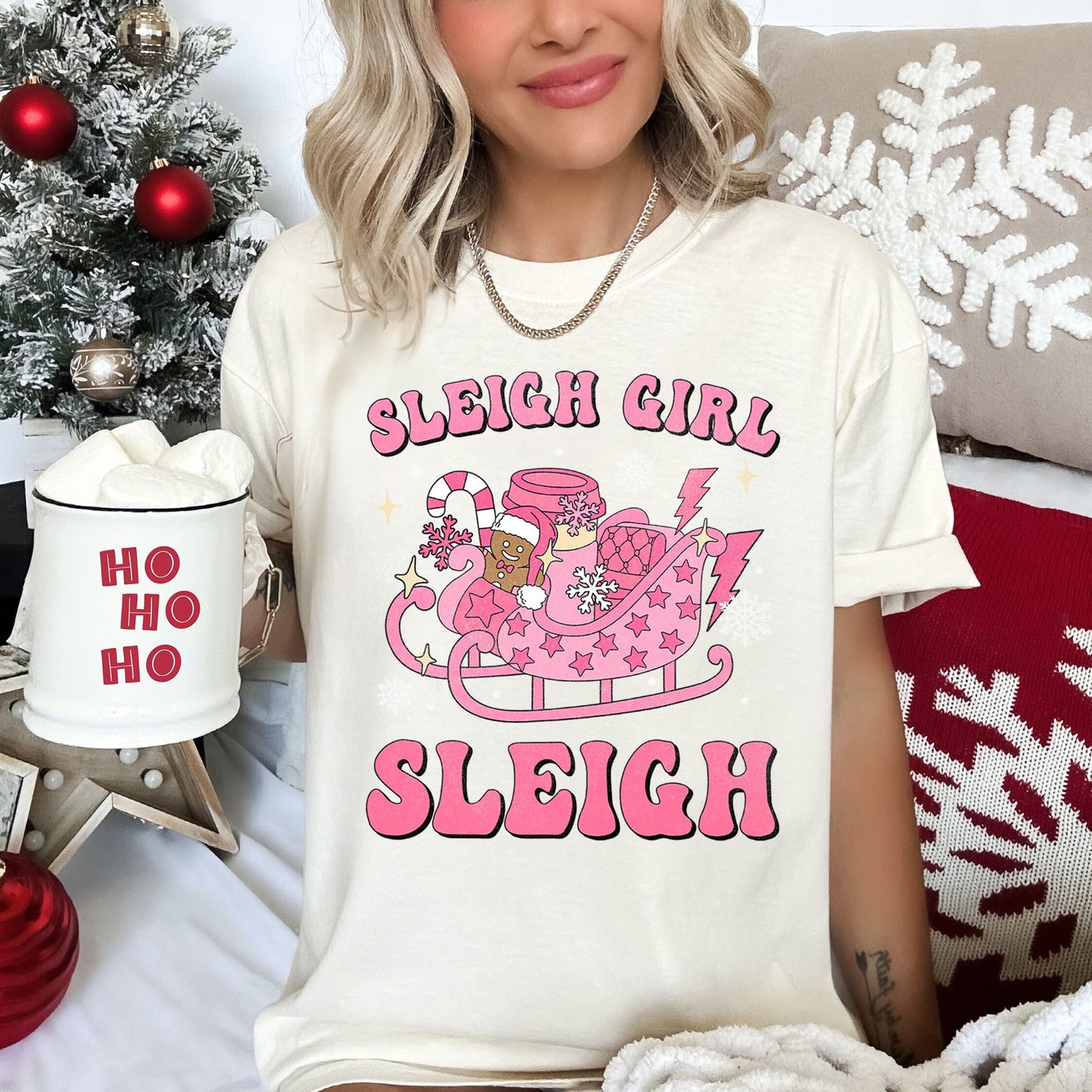 Sleigh Girl Sleigh, Christmas, Retro, Pink, Comfort Colors Tshirt