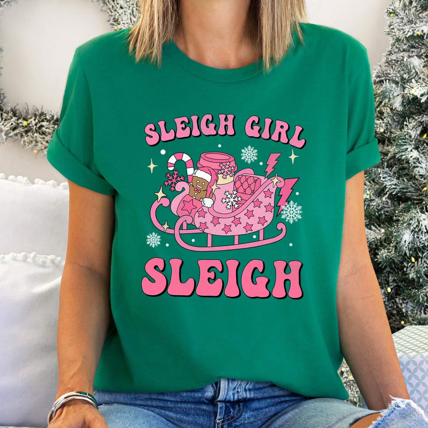 Sleigh Girl Sleigh, Christmas, Retro, Pink Super Soft Tees