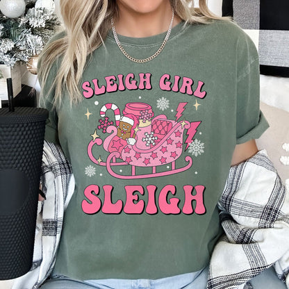 Sleigh Girl Sleigh, Christmas, Retro, Pink, Comfort Colors Tshirt