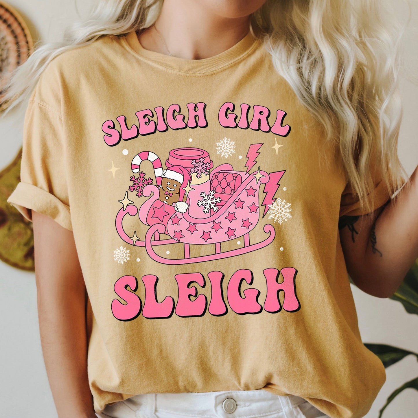 Sleigh Girl Sleigh, Christmas, Retro, Pink, Comfort Colors Tshirt