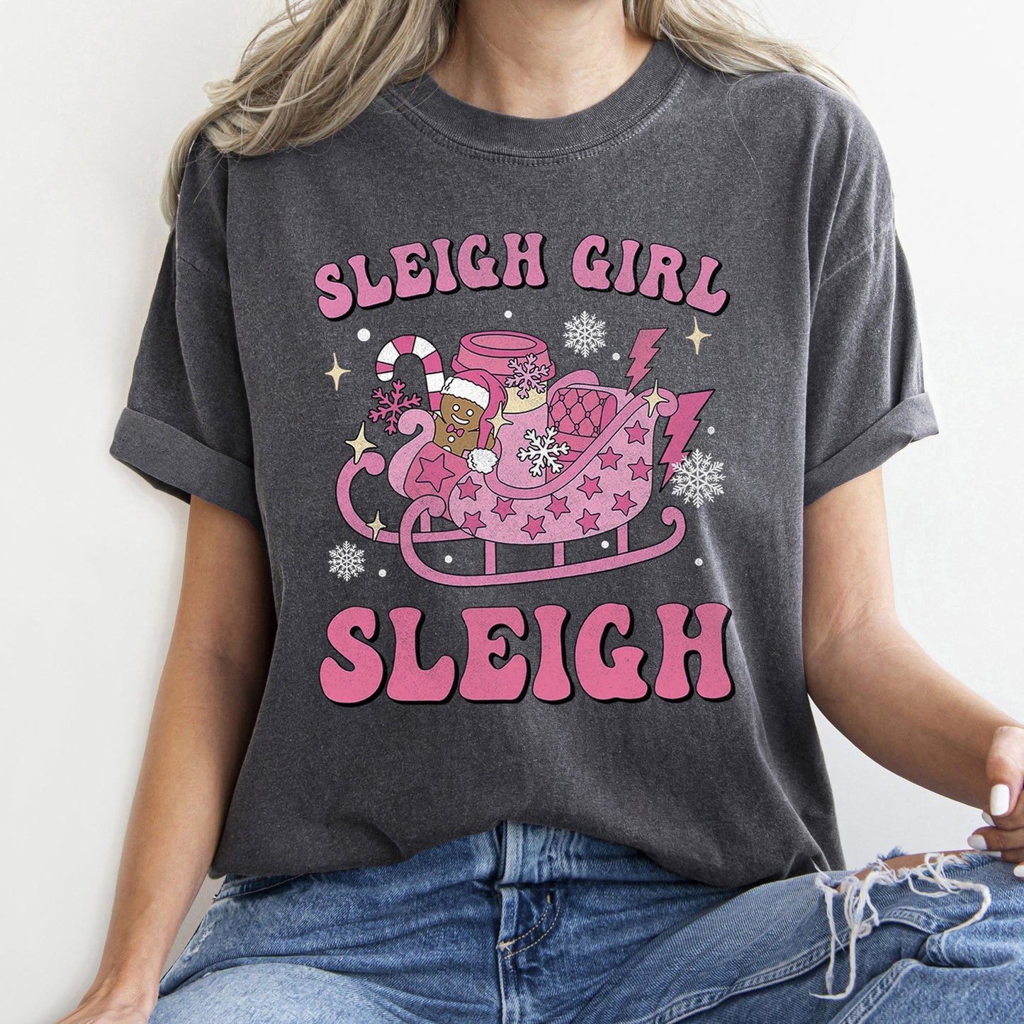 Sleigh Girl Sleigh, Christmas, Retro, Pink, Comfort Colors Tshirt