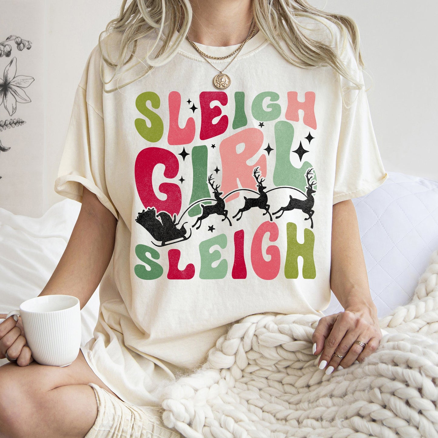 Sleigh Girl Sleigh, Christmas, Retro, Pink, Comfort Colors Tshirt