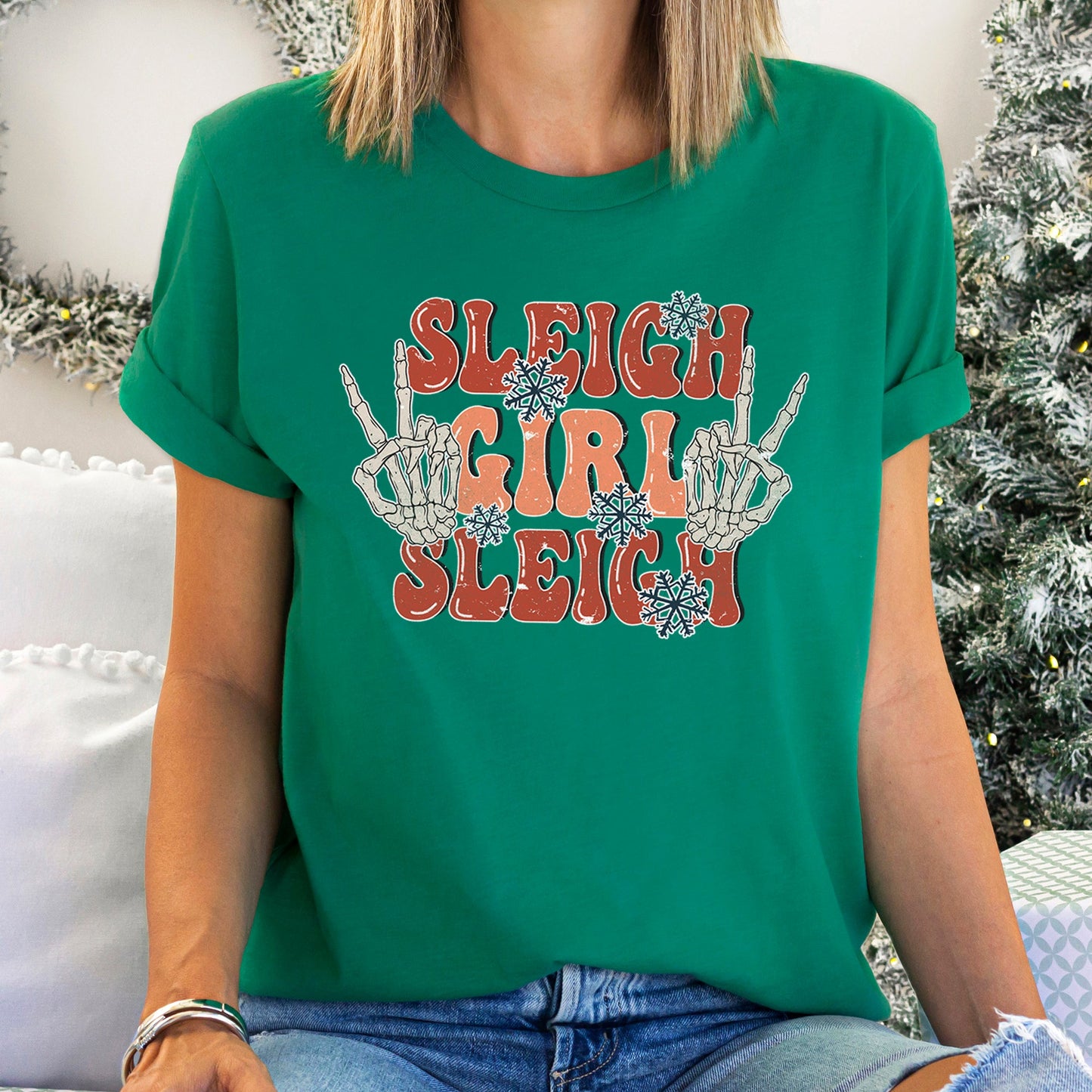 Sleigh Girl Sleigh, Skeleton, Christmas, Retro Super Soft Tees