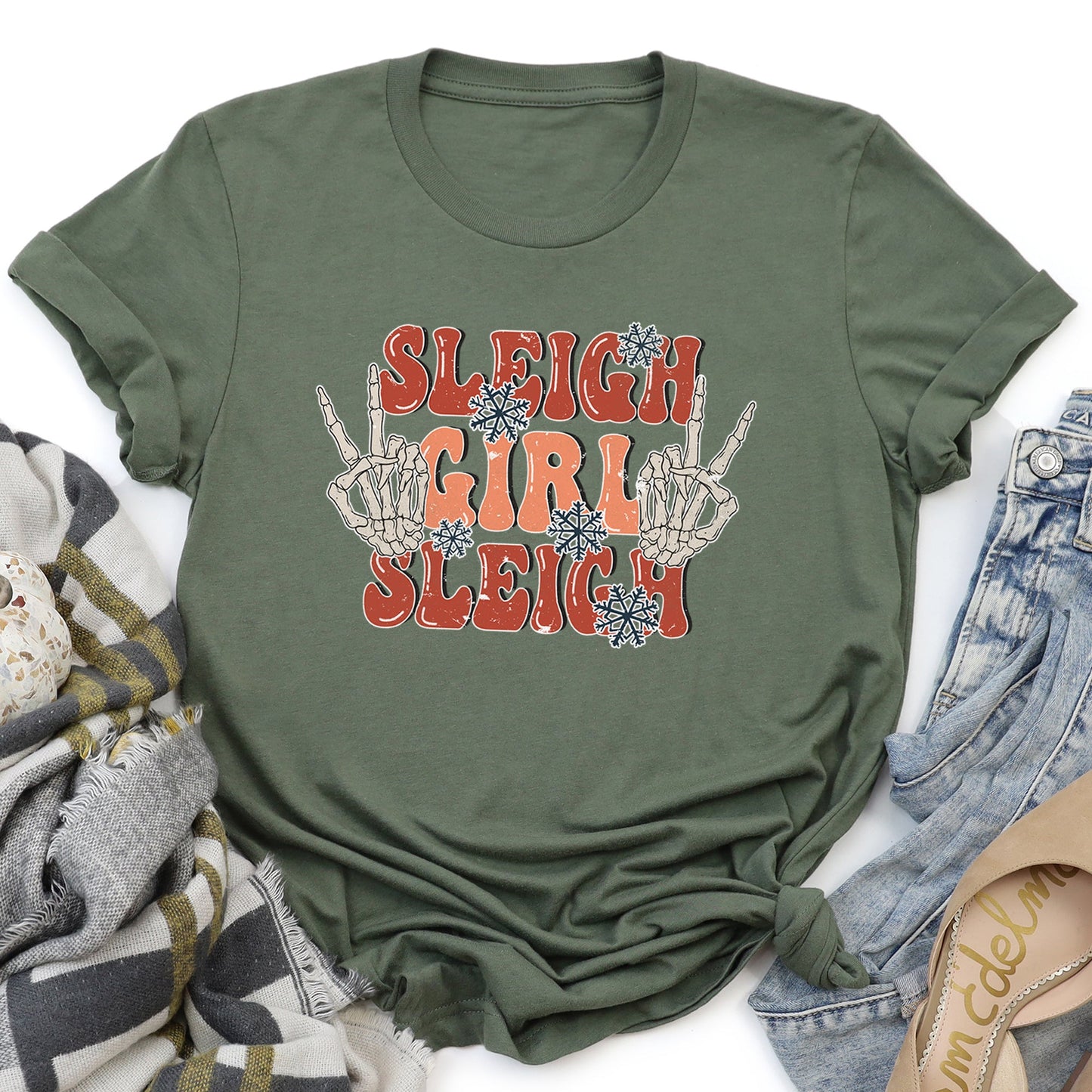 Sleigh Girl Sleigh, Skeleton, Christmas, Retro Super Soft Tees