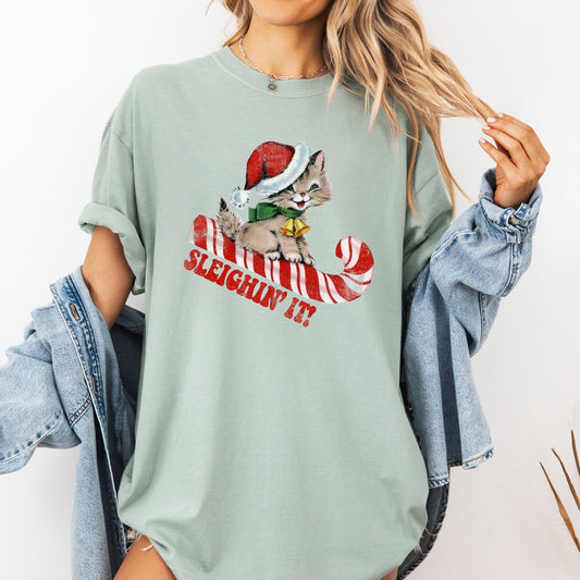 Sleighing It, Cute Kitty, Cat, Christmas, Winter, Fun, Santa, Xmas Tshirt Comfort Colors T-Shirt