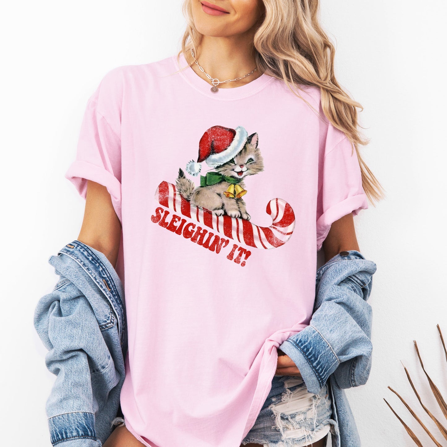 Sleighing It, Cute Kitty, Cat, Christmas, Winter, Fun, Santa, Xmas Tshirt Comfort Colors T-Shirt