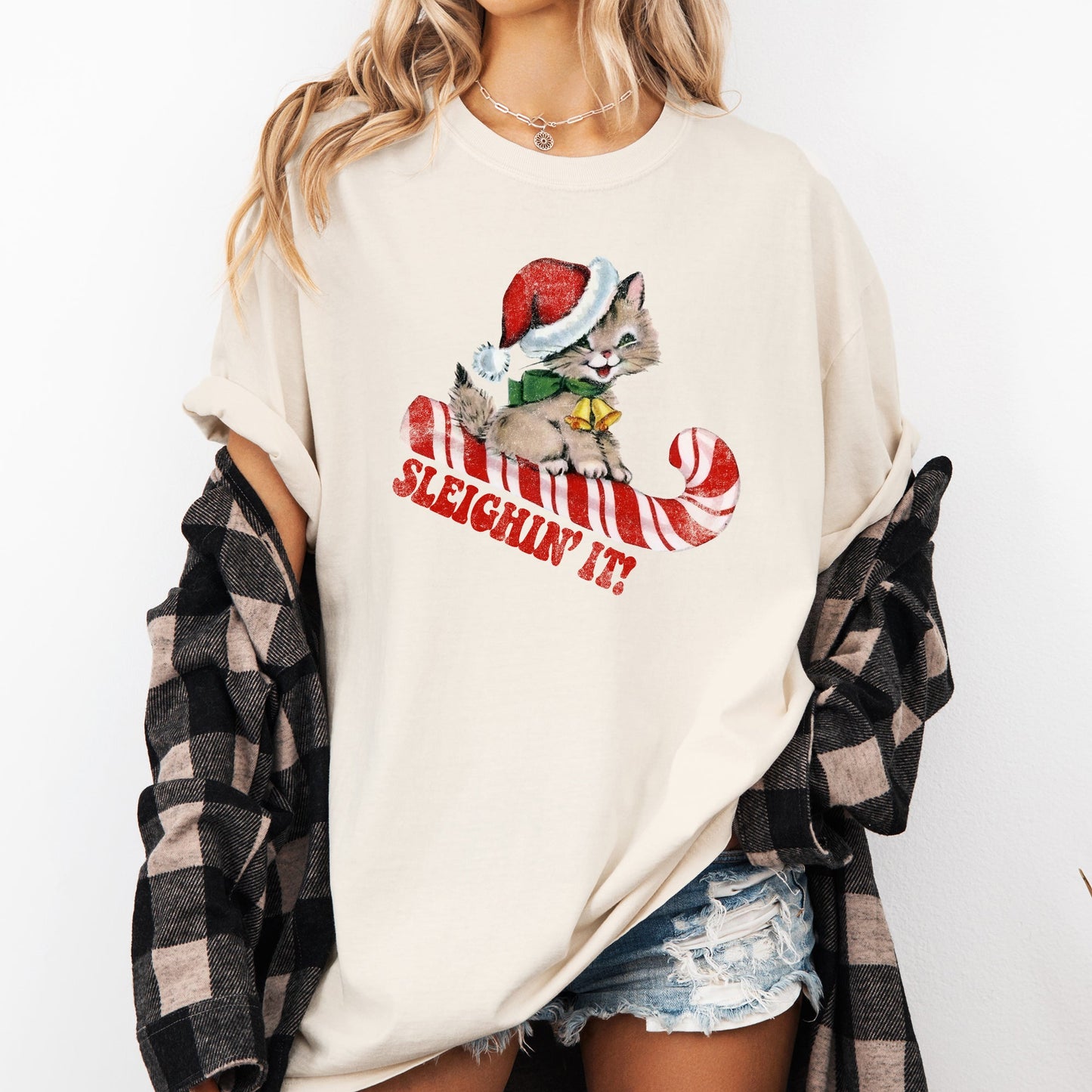 Sleighing It, Cute Kitty, Cat, Christmas, Winter, Fun, Santa, Xmas Tshirt Comfort Colors T-Shirt