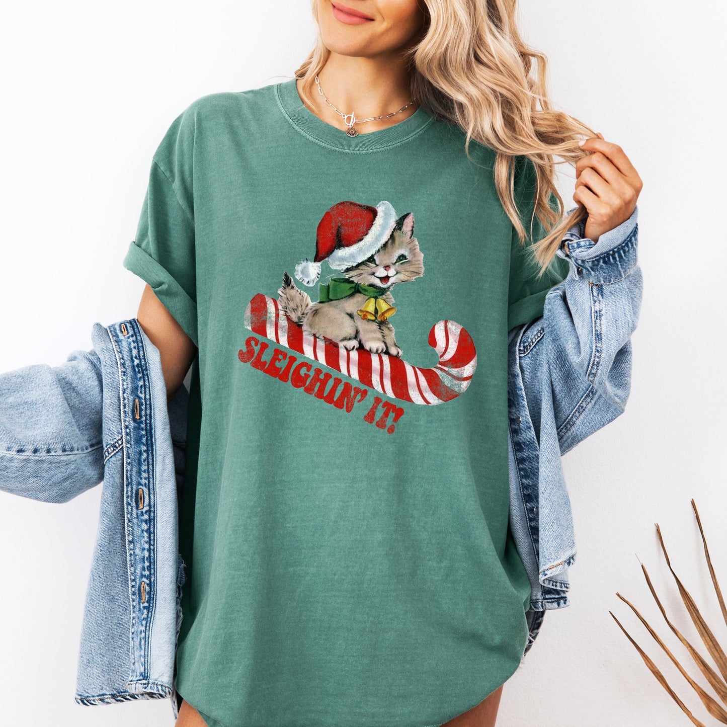 Sleighing It, Cute Kitty, Cat, Christmas, Winter, Fun, Santa, Xmas Tshirt Comfort Colors T-Shirt
