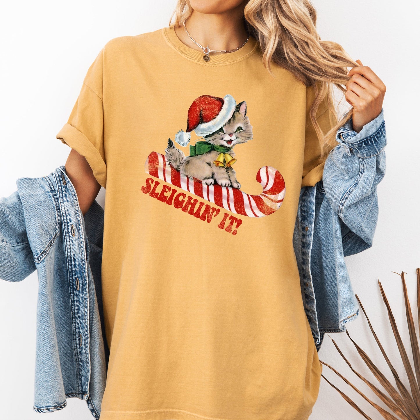 Sleighing It, Cute Kitty, Cat, Christmas, Winter, Fun, Santa, Xmas Tshirt Comfort Colors T-Shirt