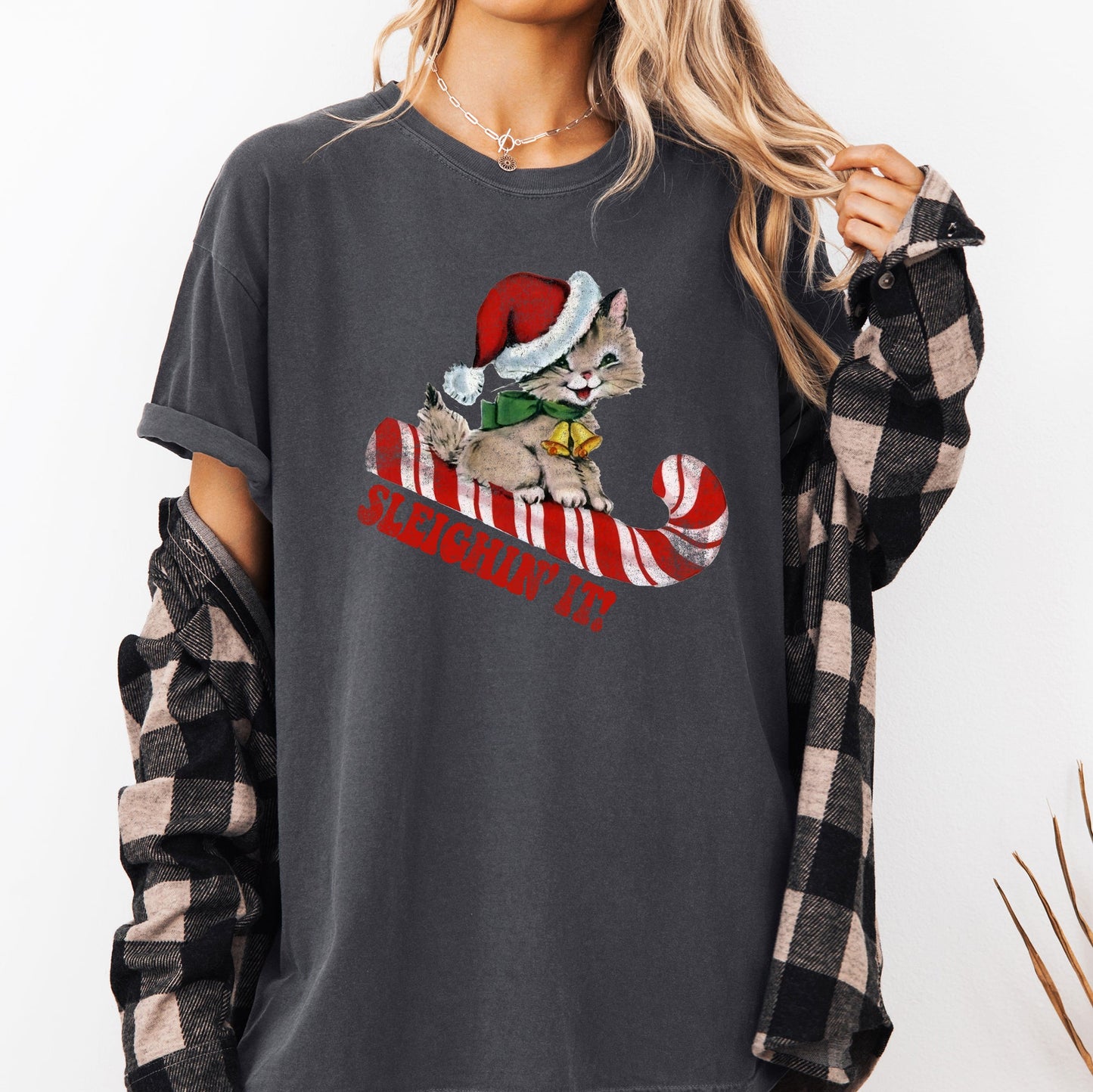 Sleighing It, Cute Kitty, Cat, Christmas, Winter, Fun, Santa, Xmas Tshirt Comfort Colors T-Shirt
