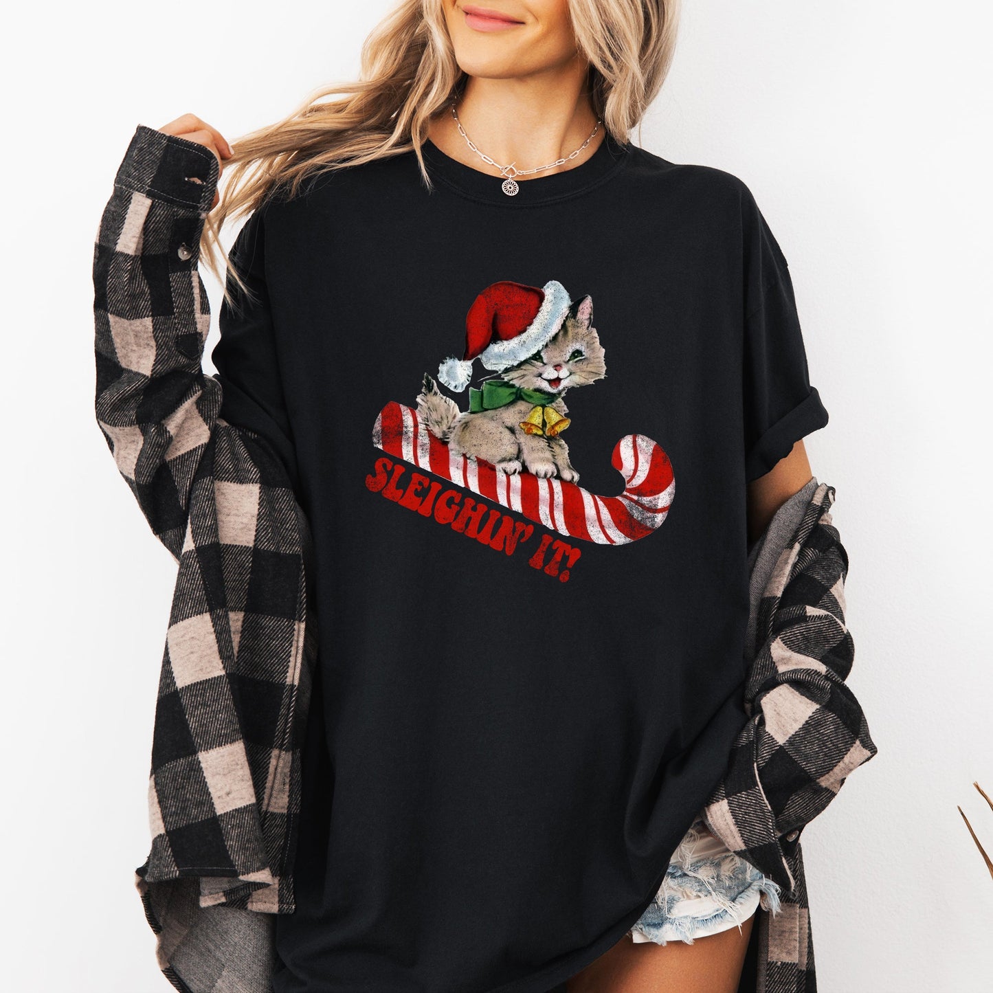 Sleighing It, Cute Kitty, Cat, Christmas, Winter, Fun, Santa, Xmas Tshirt Comfort Colors T-Shirt