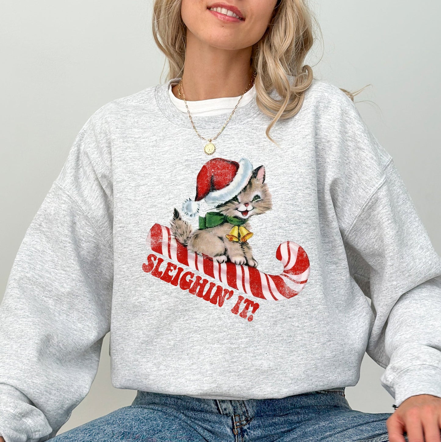 Sleighing It, Cute Kitty, Cat, Christmas, Winter, Fun, Santa, Xmas Sweatshirt