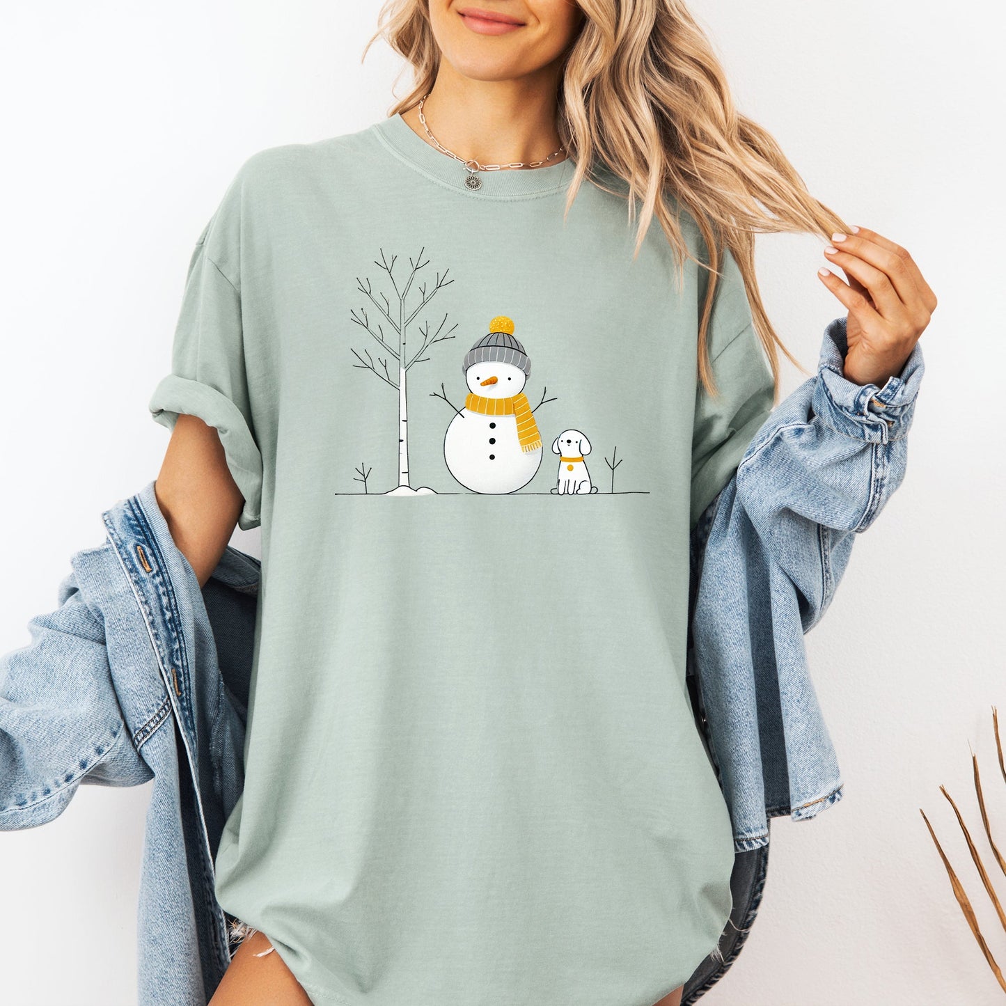 Snowman and Dog, Cute, Winter, Tree, Christmas, Snow Tshirt Comfort Colors T-Shirt