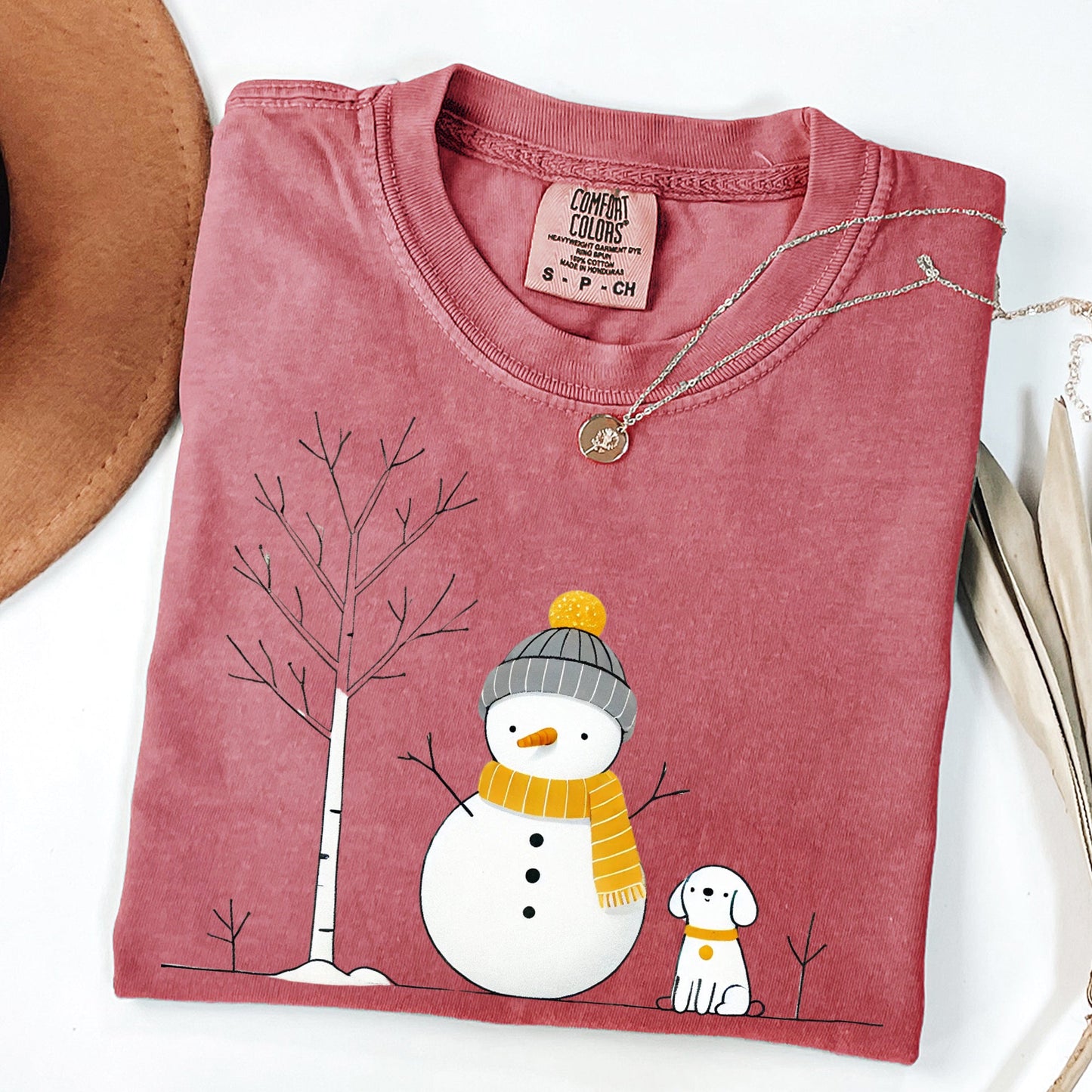 Snowman and Dog, Cute, Winter, Tree, Christmas, Snow Tshirt Comfort Colors T-Shirt