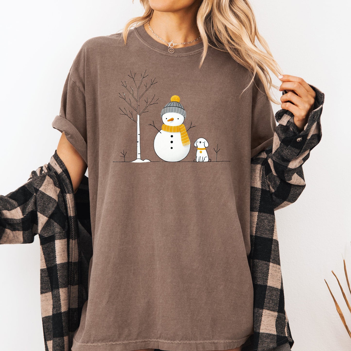 Snowman and Dog, Cute, Winter, Tree, Christmas, Snow Tshirt Comfort Colors T-Shirt
