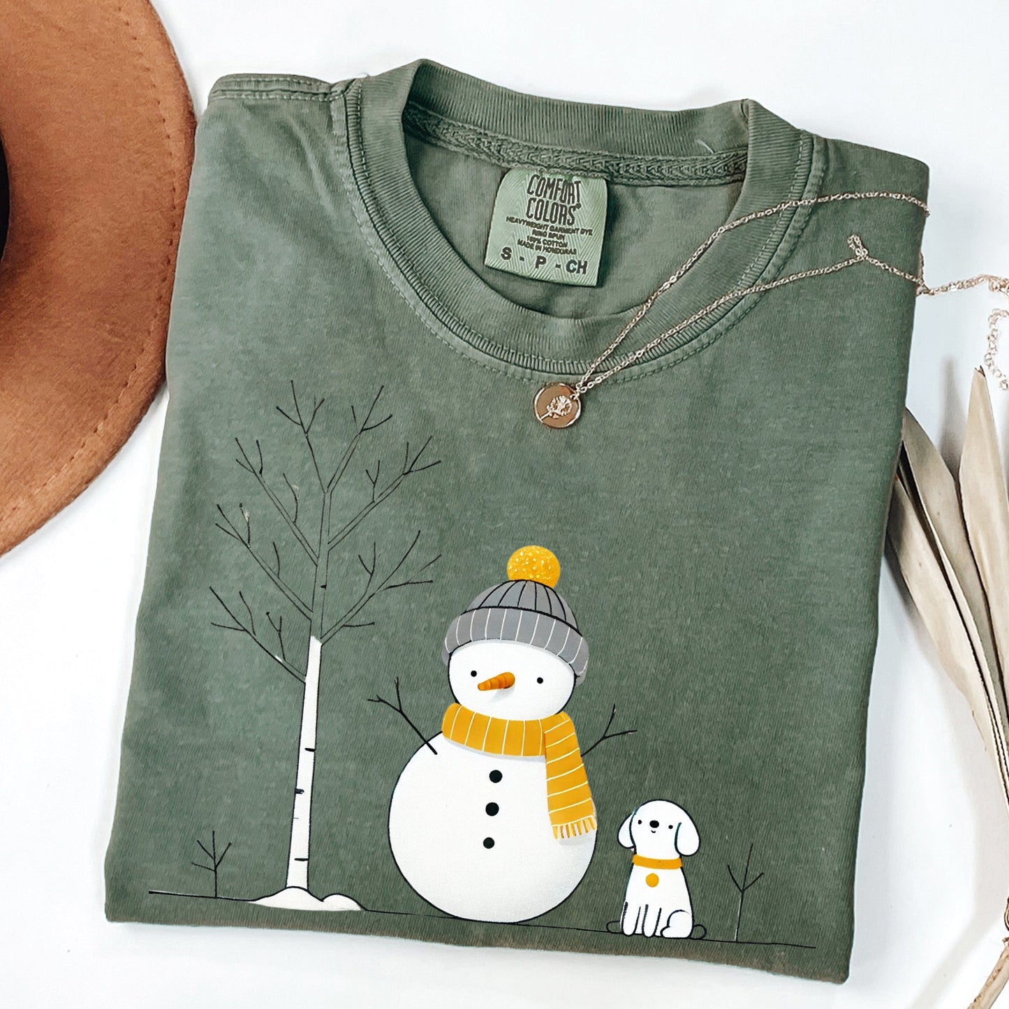 Snowman and Dog, Cute, Winter, Tree, Christmas, Snow Tshirt Comfort Colors T-Shirt