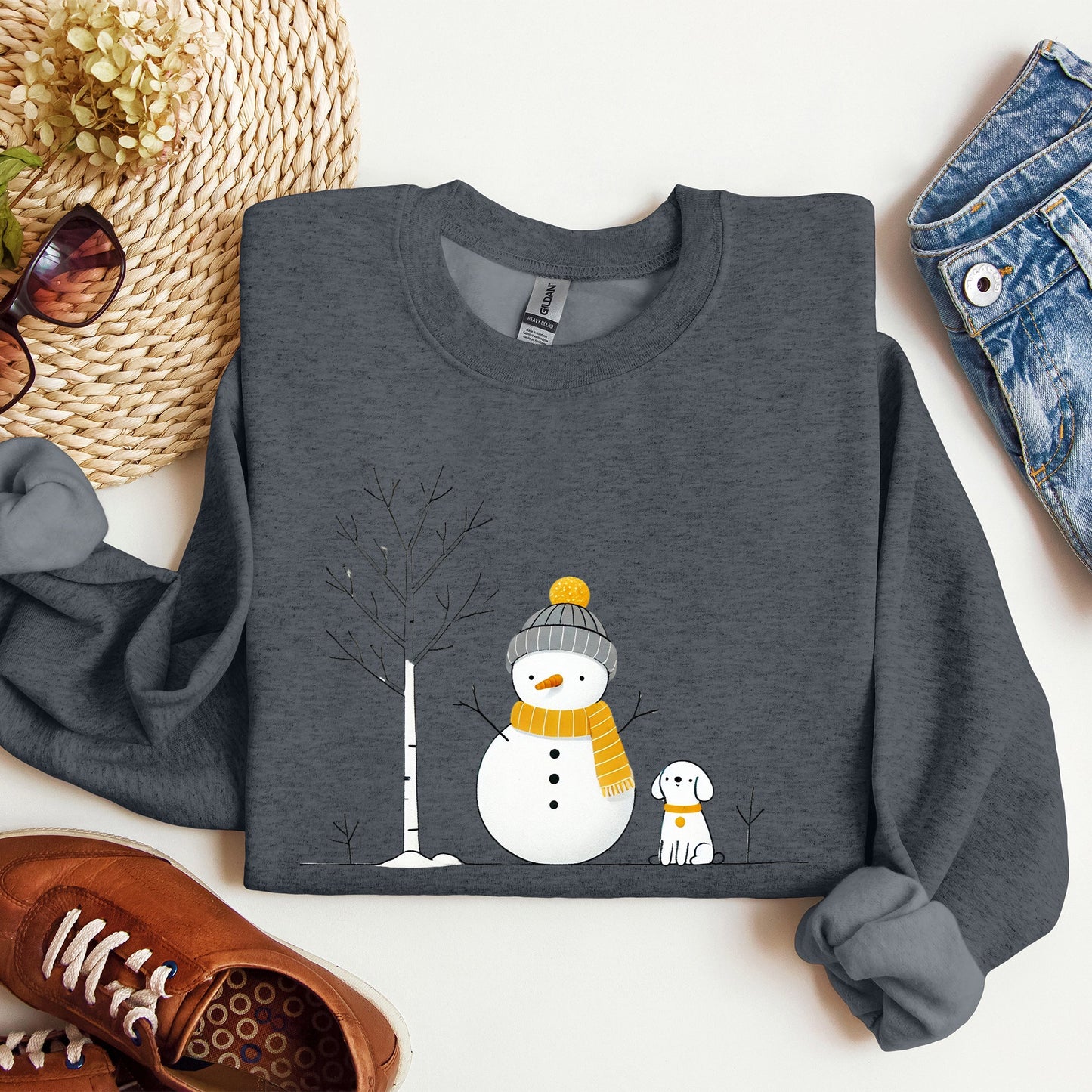 Snowman and Dog, Cute, Winter, Tree, Christmas, Snow Sweatshirt