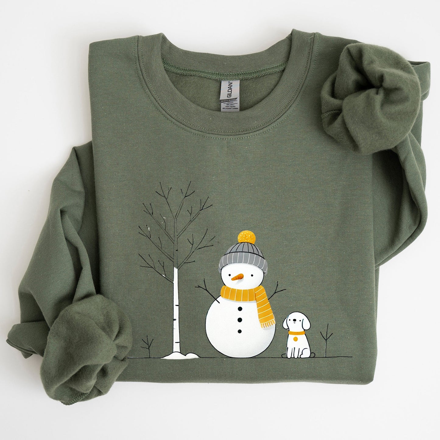 Snowman and Dog, Cute, Winter, Tree, Christmas, Snow Sweatshirt