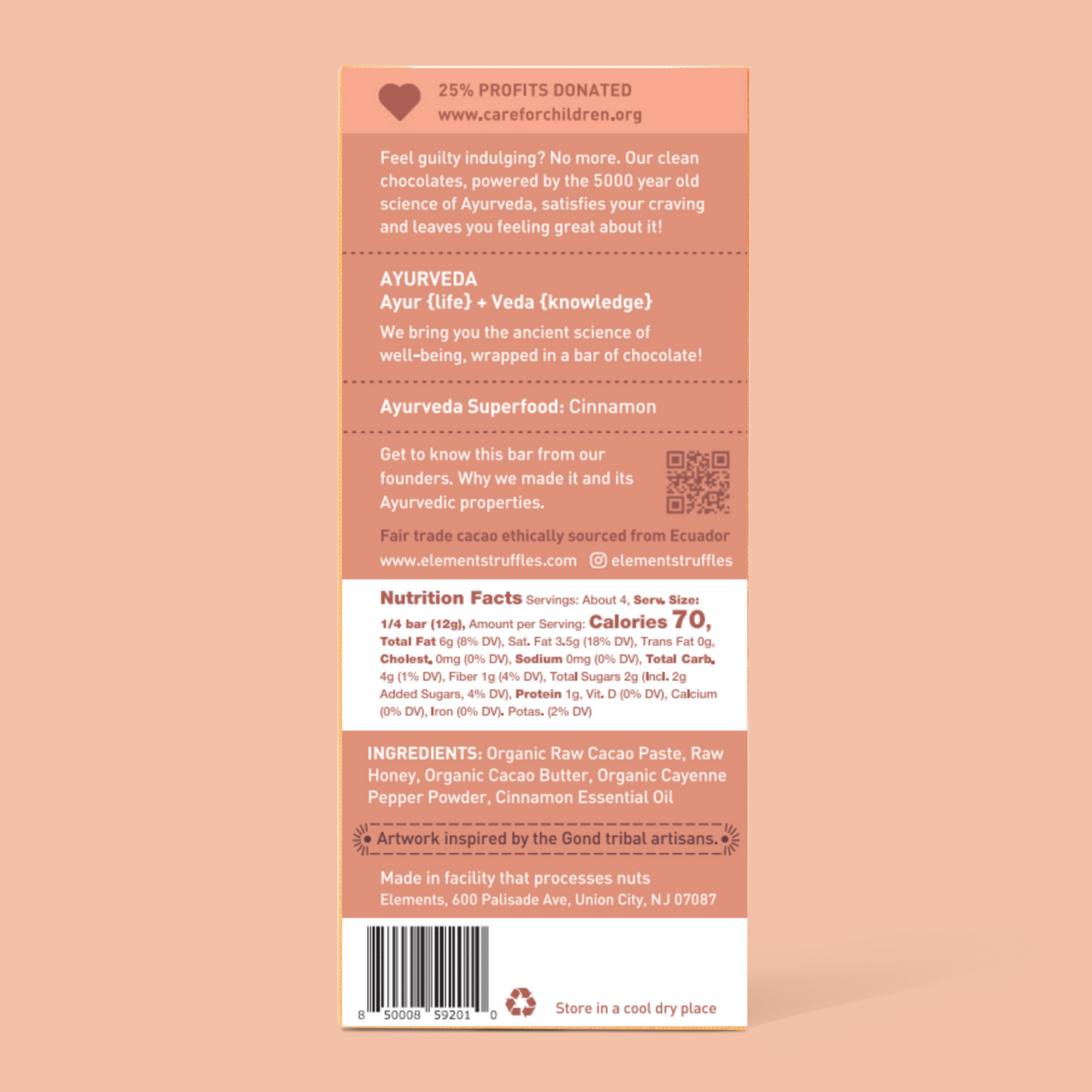 Back of a chocolate bar packaging with text and nutrition information on a peach background