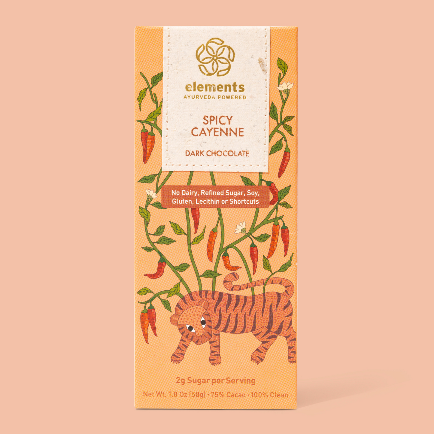 Spicy cayenne dark chocolate bar packaging with tiger illustration on a peach background