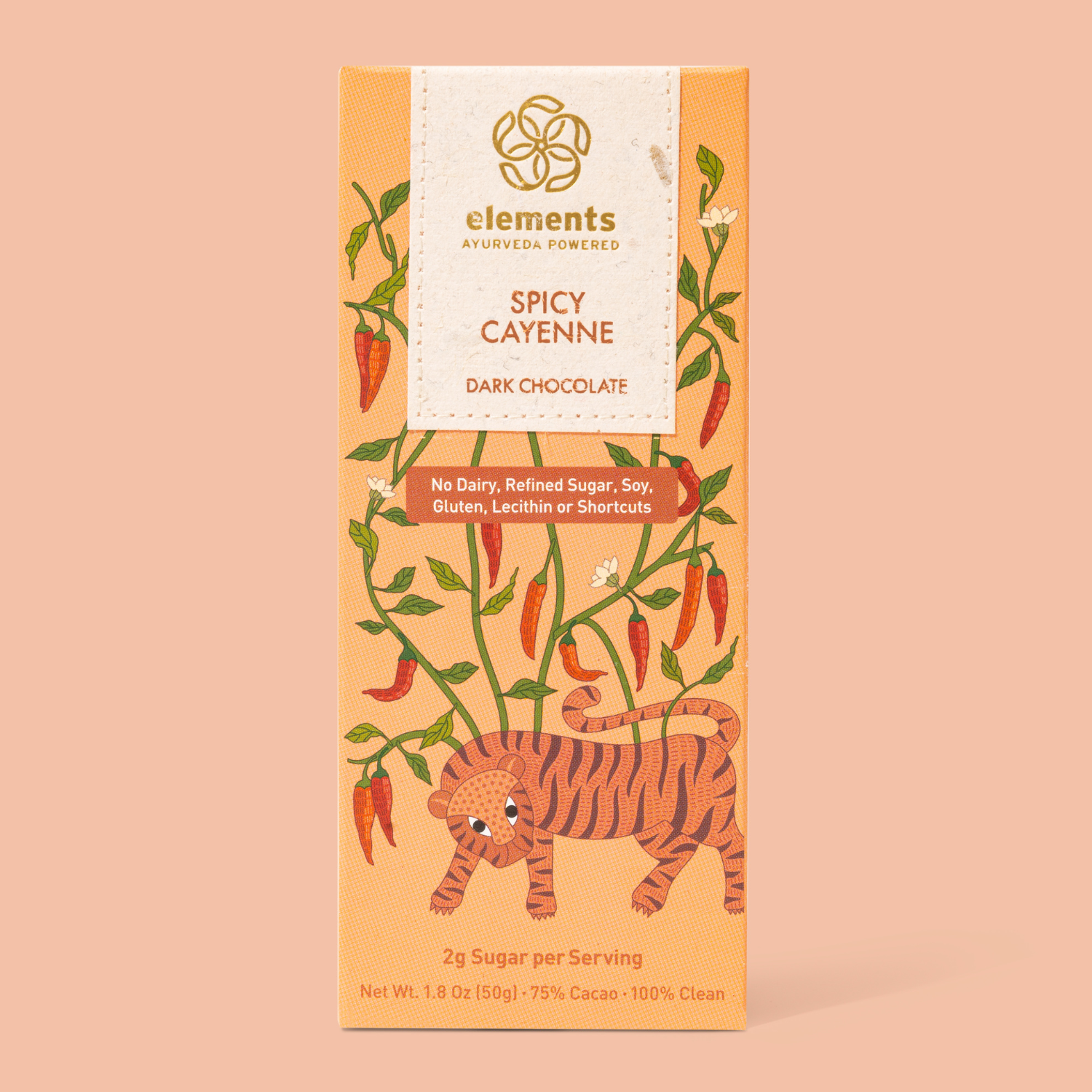 Spicy cayenne dark chocolate bar packaging with tiger illustration on a peach background