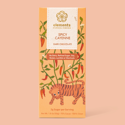 Spicy cayenne dark chocolate bar packaging with tiger illustration on a peach background