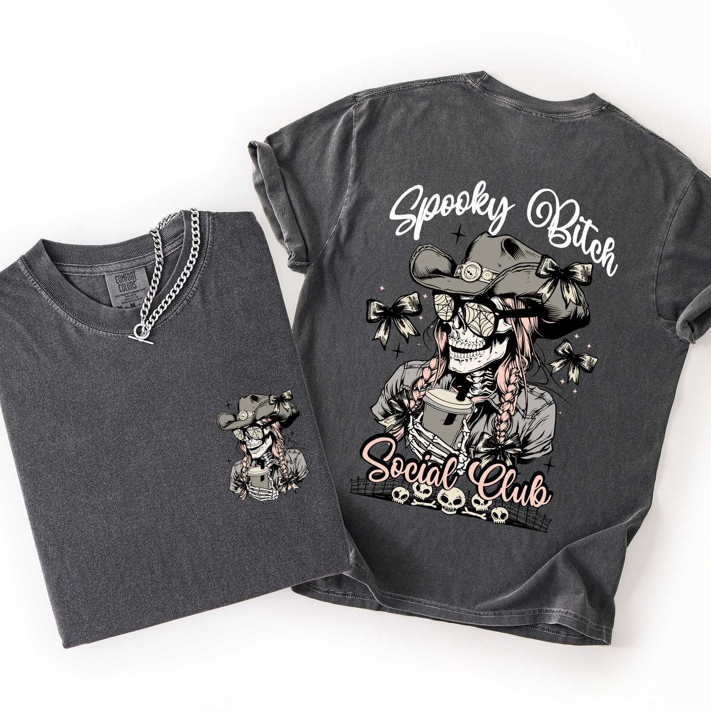Spooky Bitch Social Club, Skeleton, Coquette, Halloween, Trending Graphic Tee, Comfort Colors T-Shirt