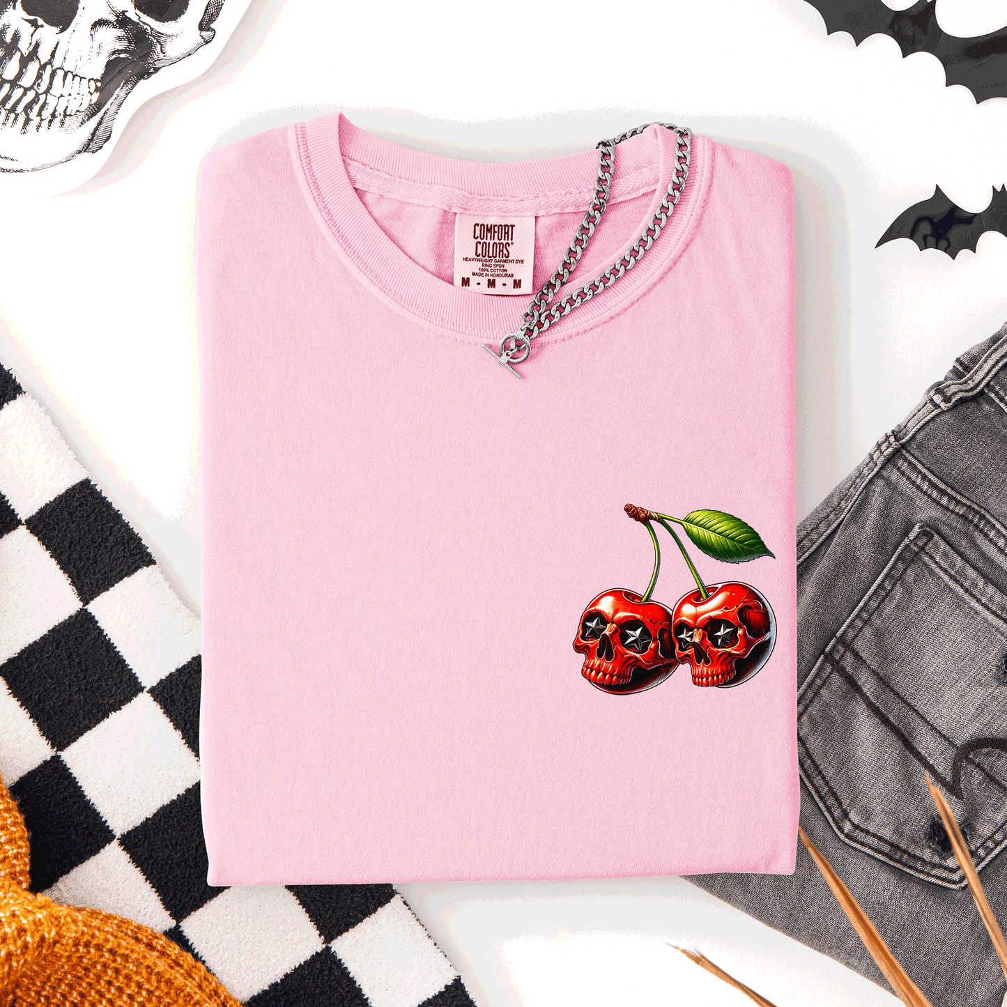 Spooky Skull Cherries, Halloween, Skeleton, Stars, Comfort Colors T-Shirt