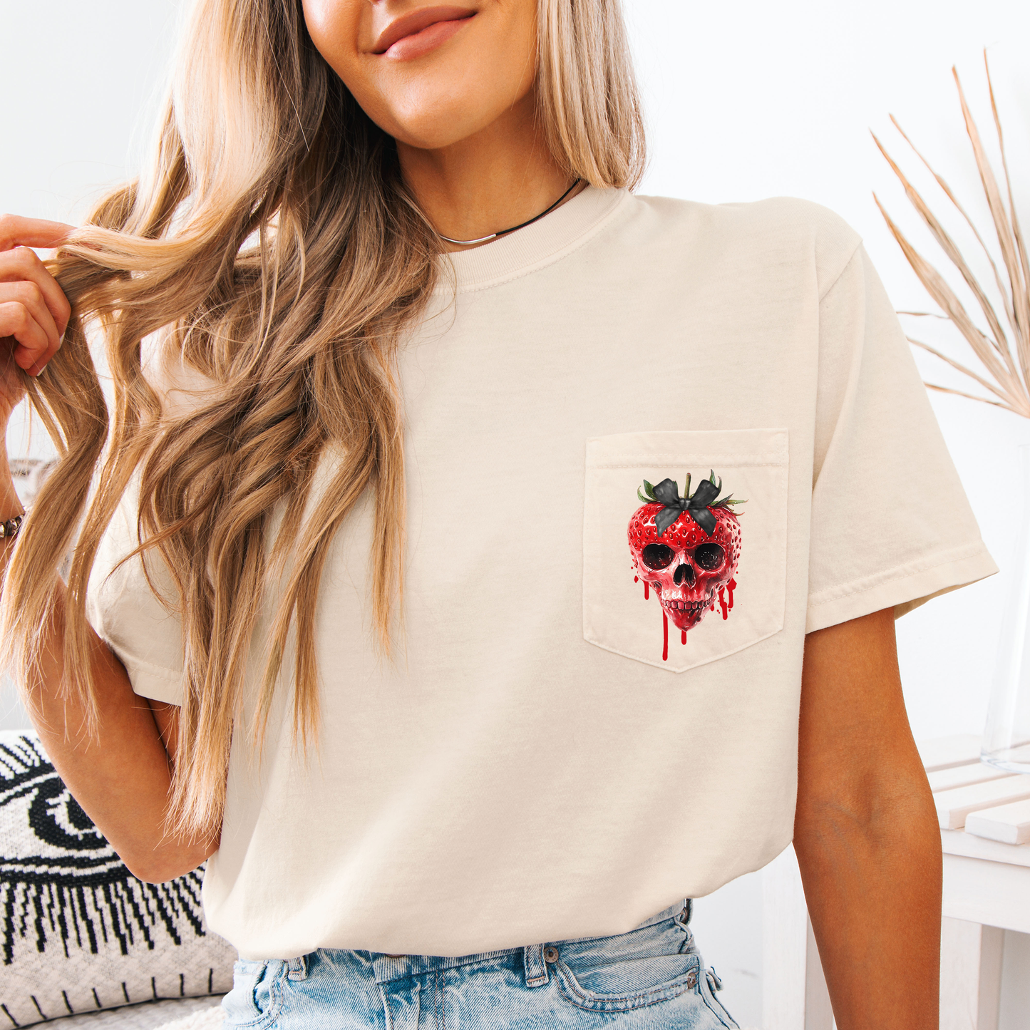 Spooky Strawberry Skeleton, Halloween, Creepy, Comfort Colors Pocket T-Shirt