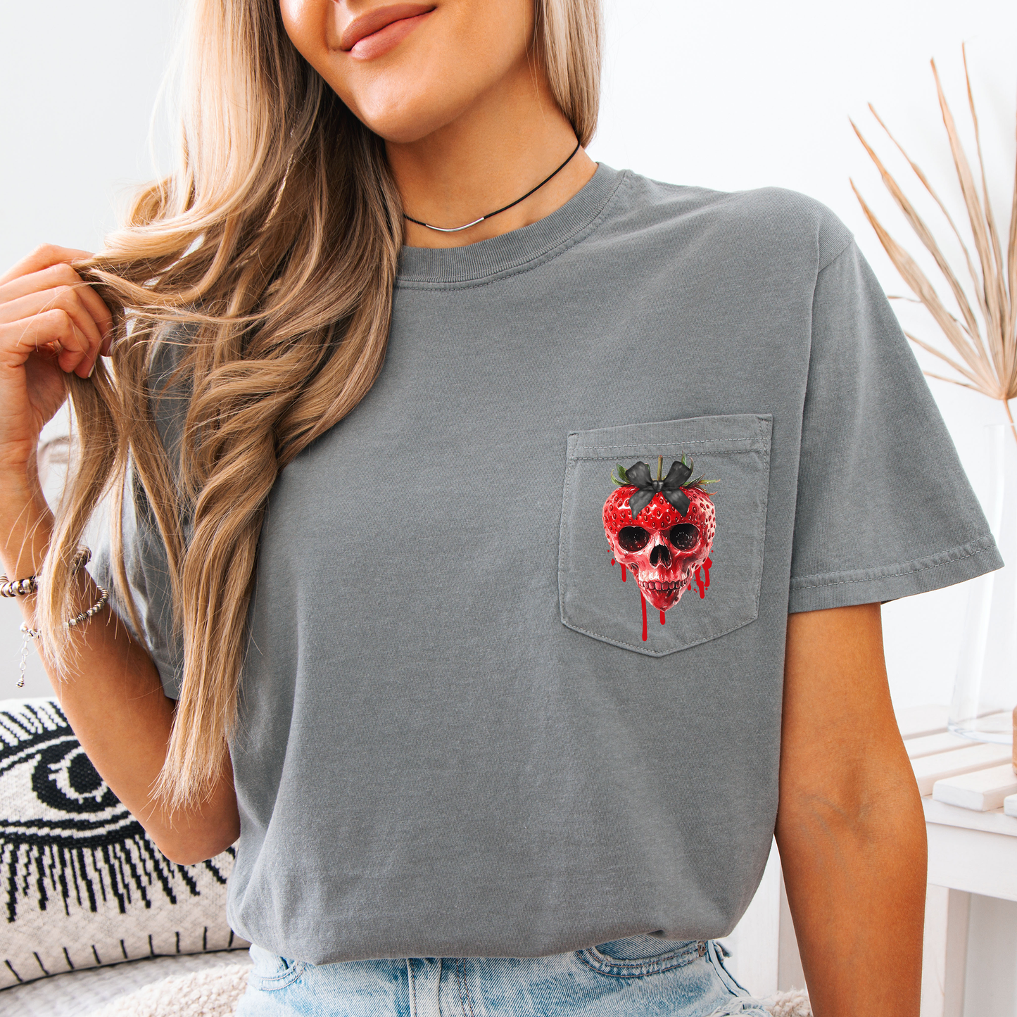 Spooky Strawberry Skeleton, Halloween, Creepy, Comfort Colors Pocket T-Shirt