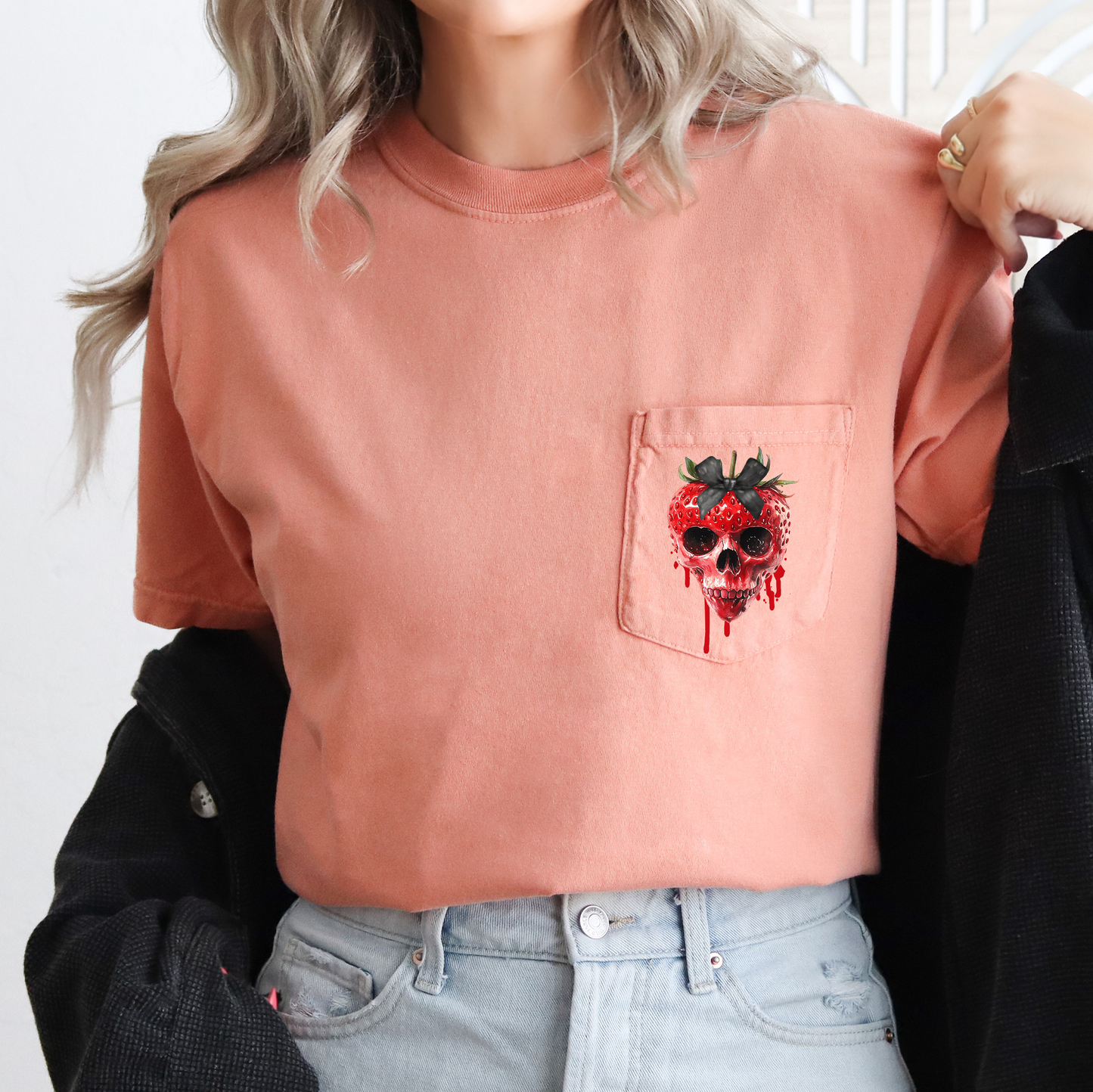 Spooky Strawberry Skeleton, Halloween, Creepy, Comfort Colors Pocket T-Shirt