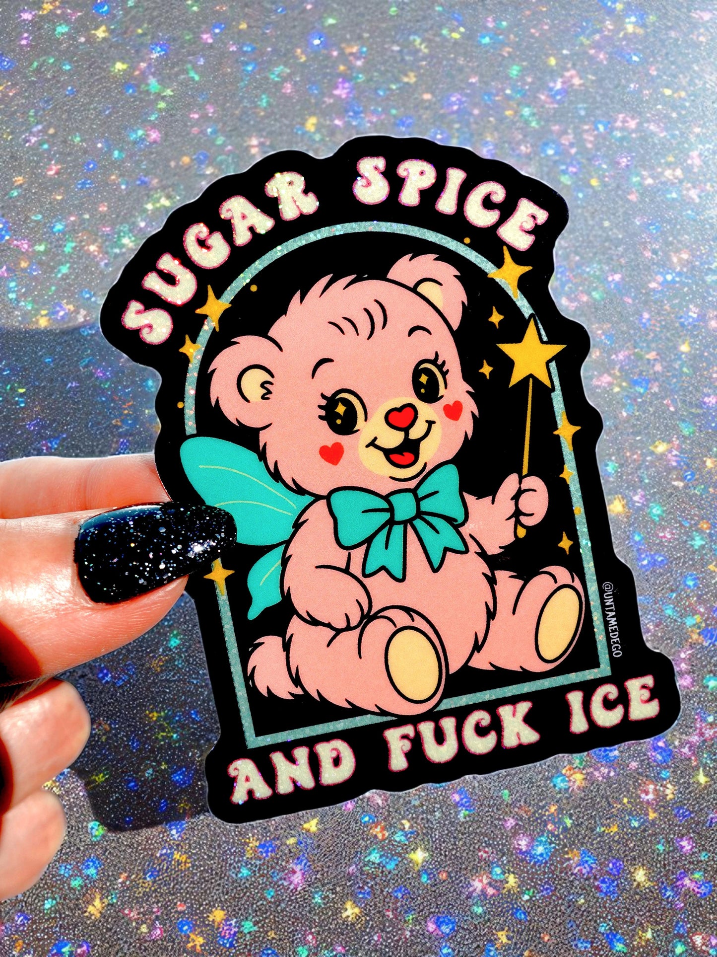 Sugar Spice and F*ck ICE Sticker – Retro Kawaii Bear Protest Vinyl Sticker – Anti-ICE Political Statement – Cute but Revolutionary Sticker